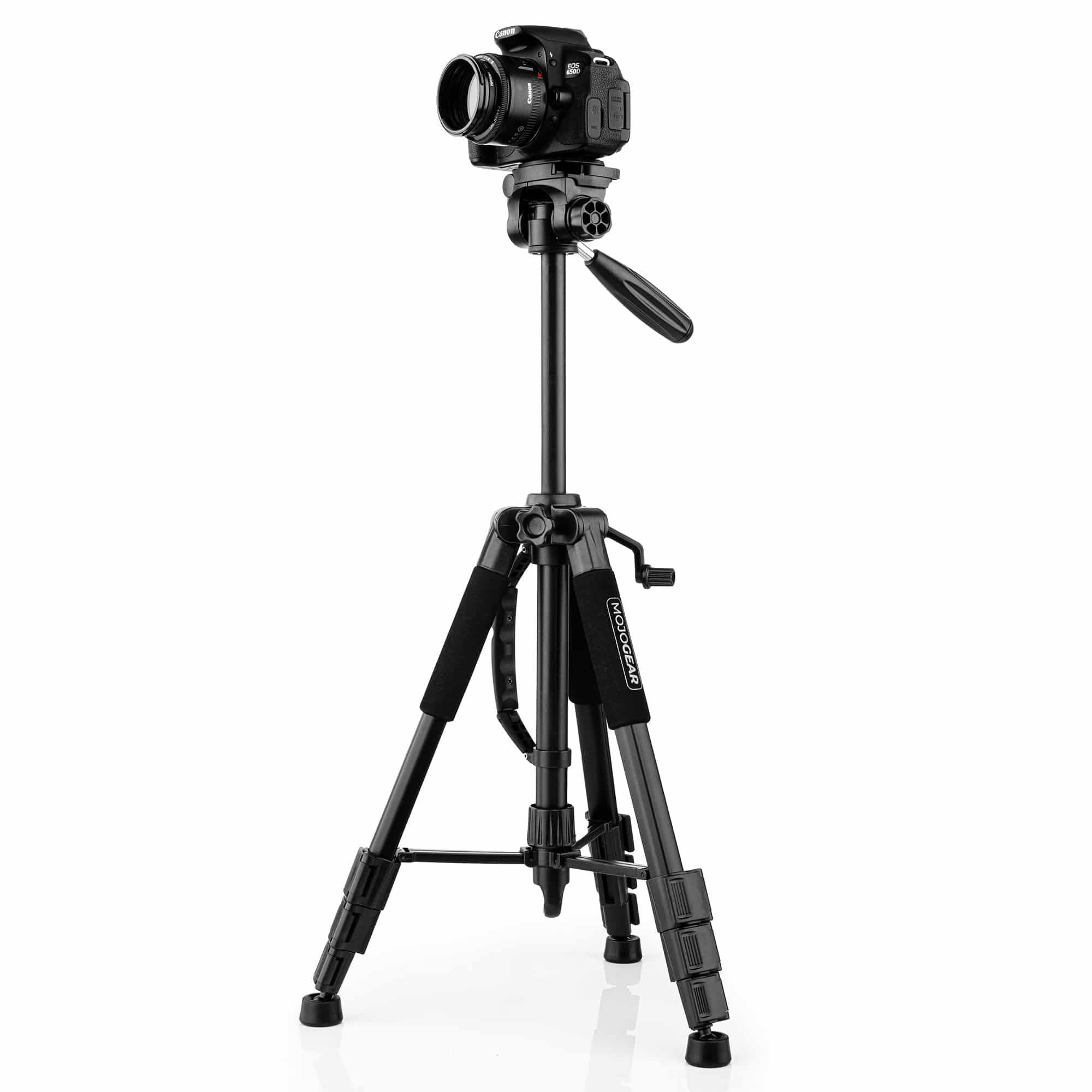 Black DSLR camera on a black tripod. Tripod legs are extended and stable.