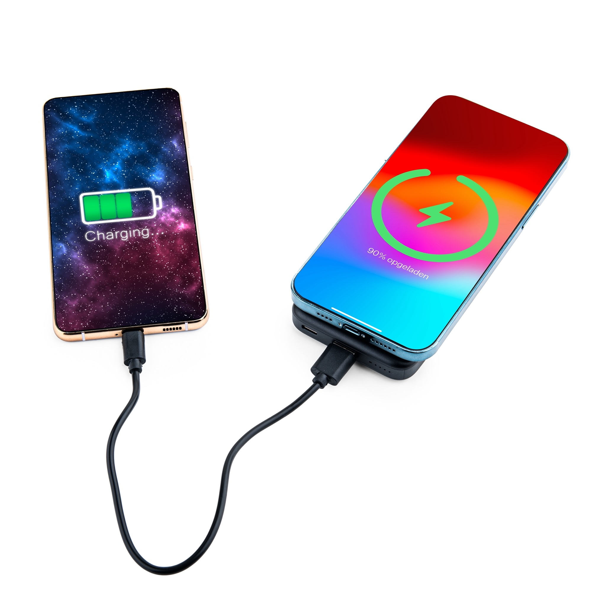 Twee telefoons, de ene laadt de andere op. Eén toont een oplaadsymbool, de andere toont 90% opgeladen.