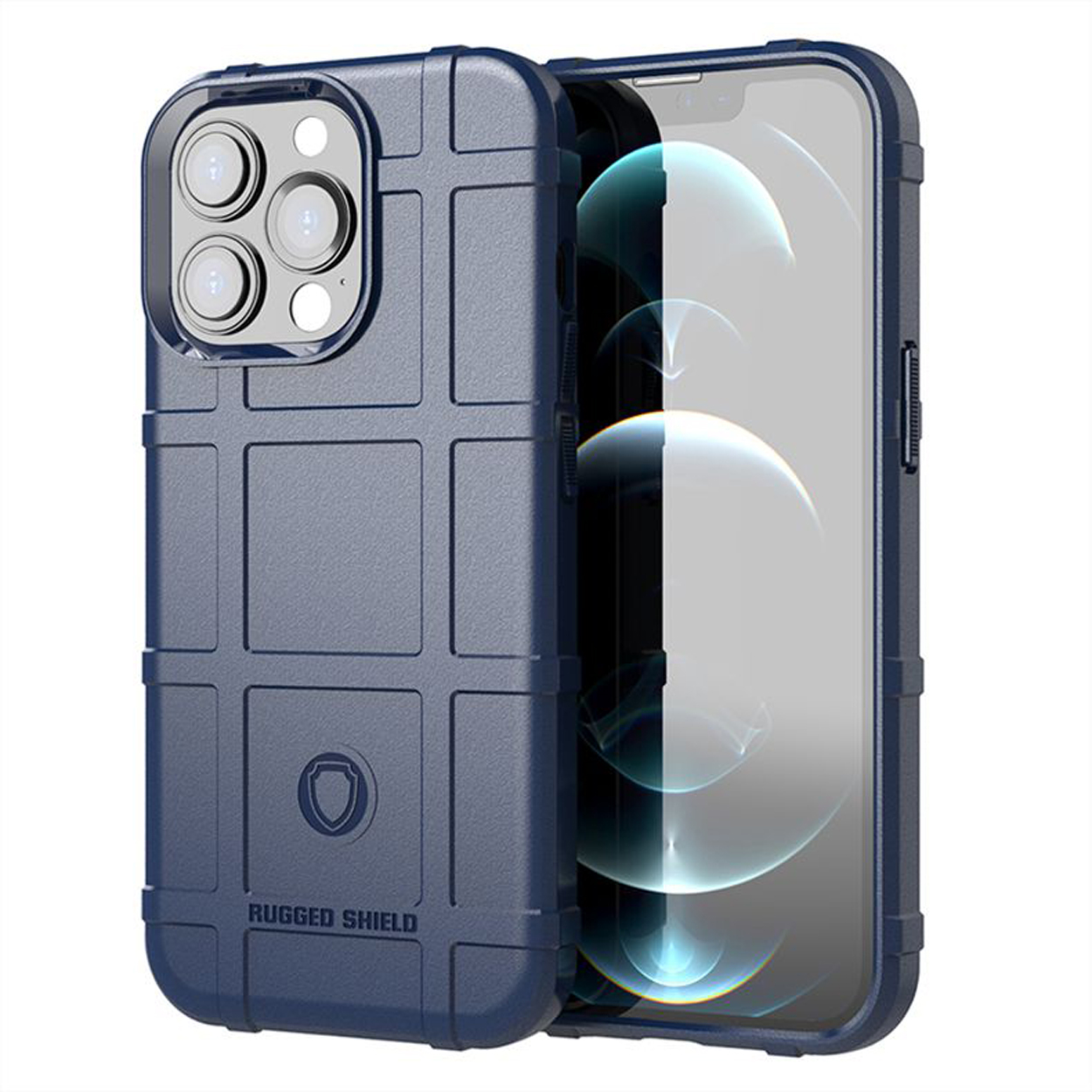 Blauwe telefoonhoes over een telefoon met drie lenzen. 'Rugged Shield' tekst.