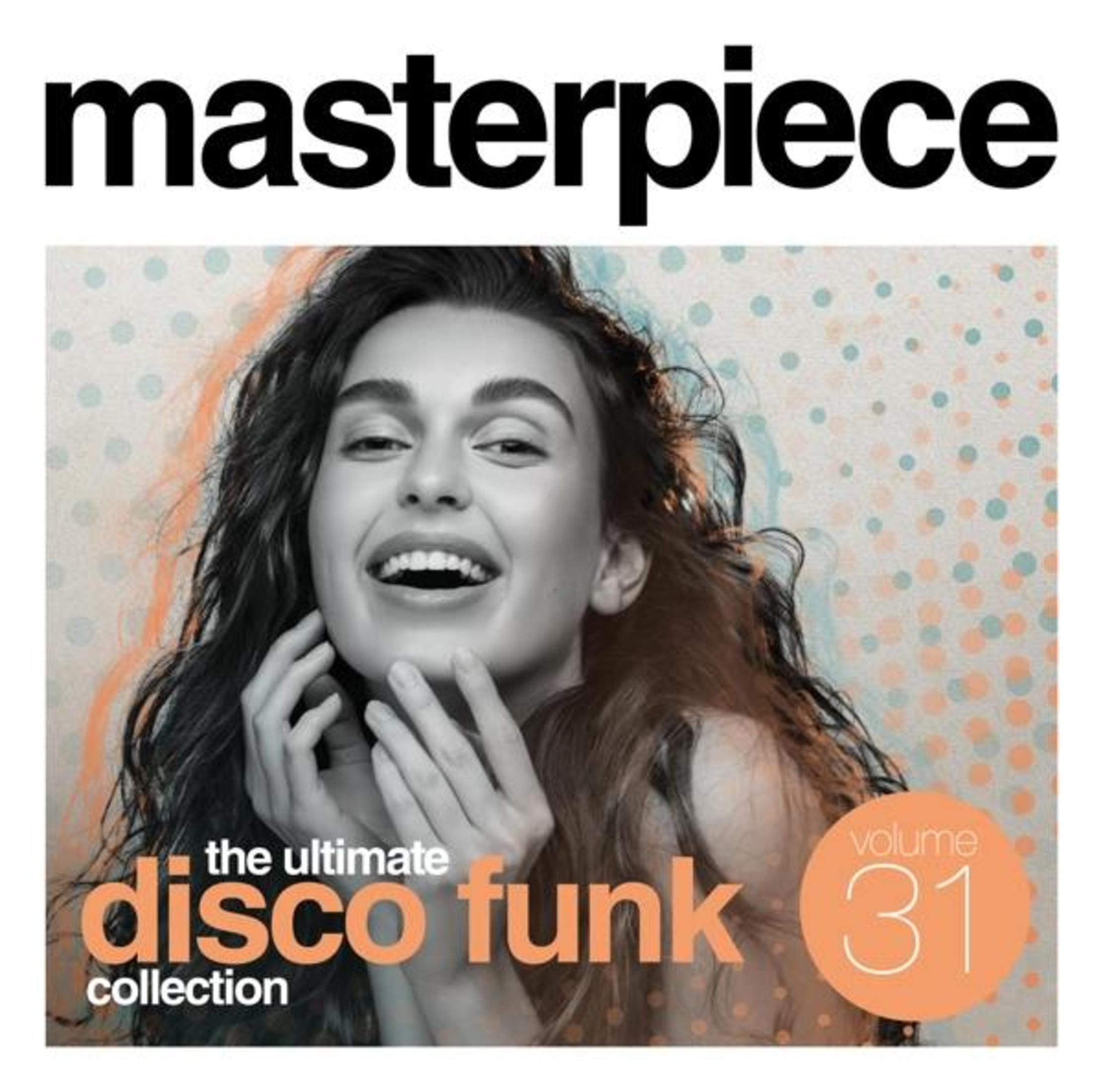Albumhoes. Een vrouw lacht. De woorden "Masterpiece" en "The Ultimate Disco Funk Collection" worden getoond.