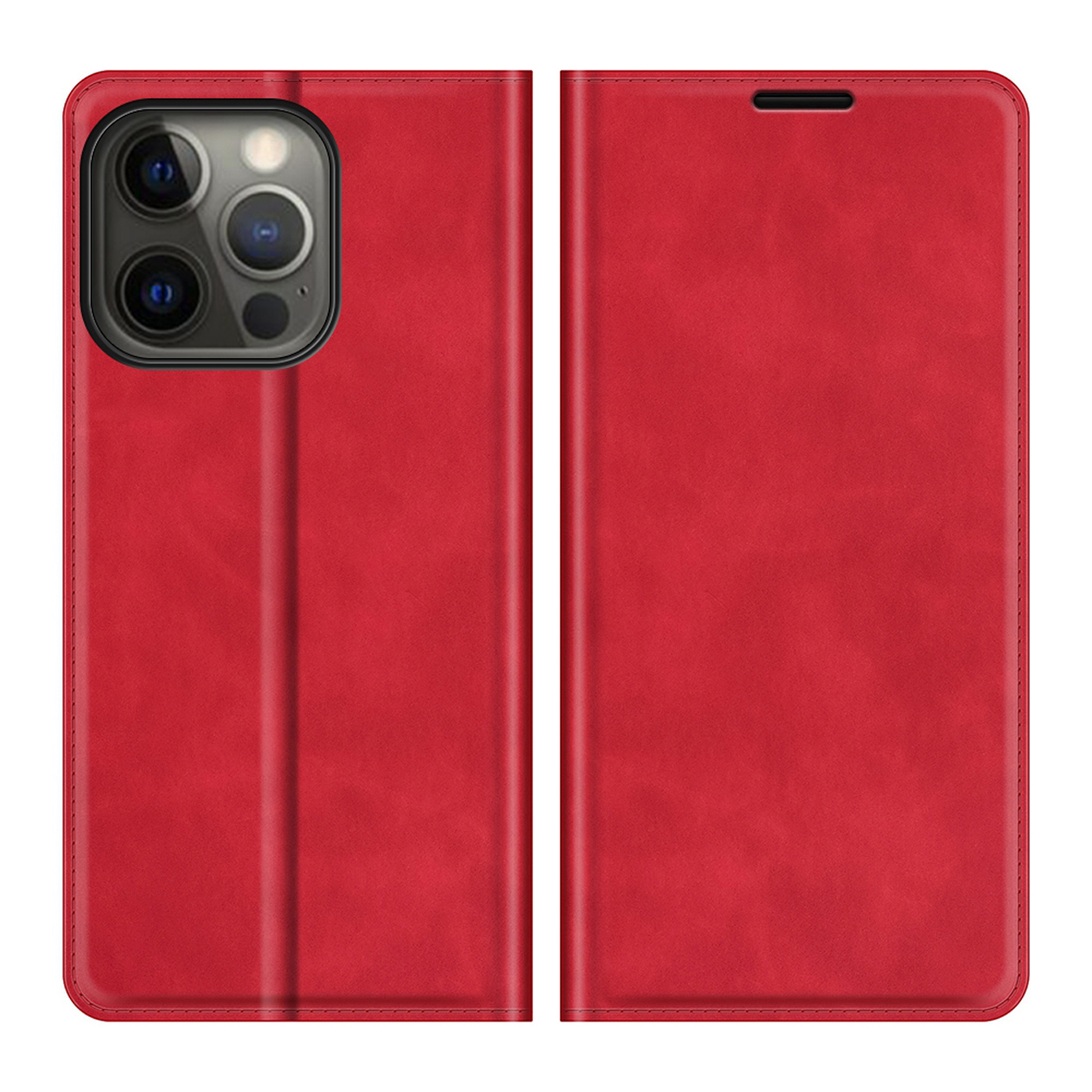 Étui de téléphone rouge, ouvert, avec un téléphone, trois caméras visibles, fond blanc.
