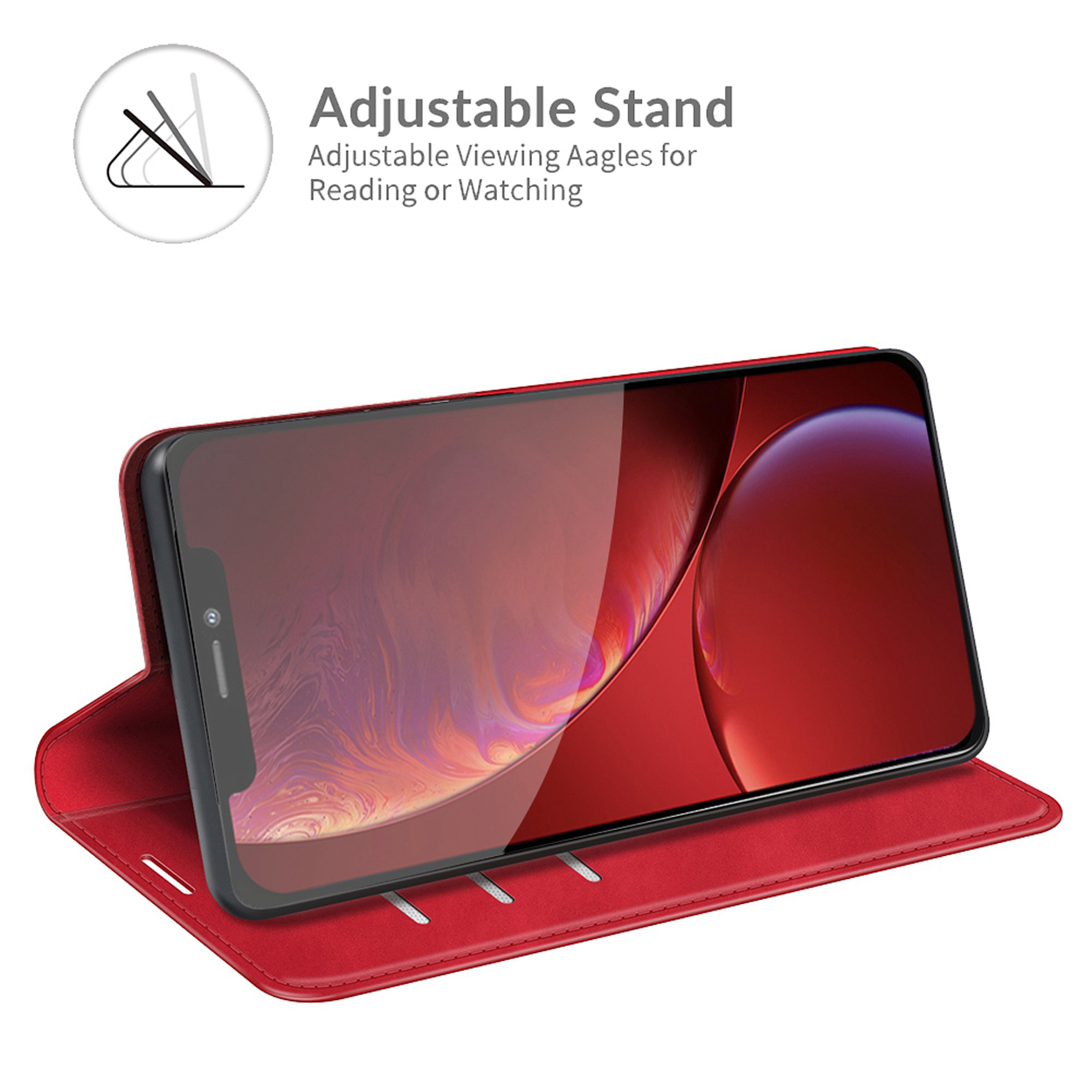 Étui de téléphone rouge ouvert, avec un téléphone affichant un fond rouge. Le texte indique des angles de vision réglables.