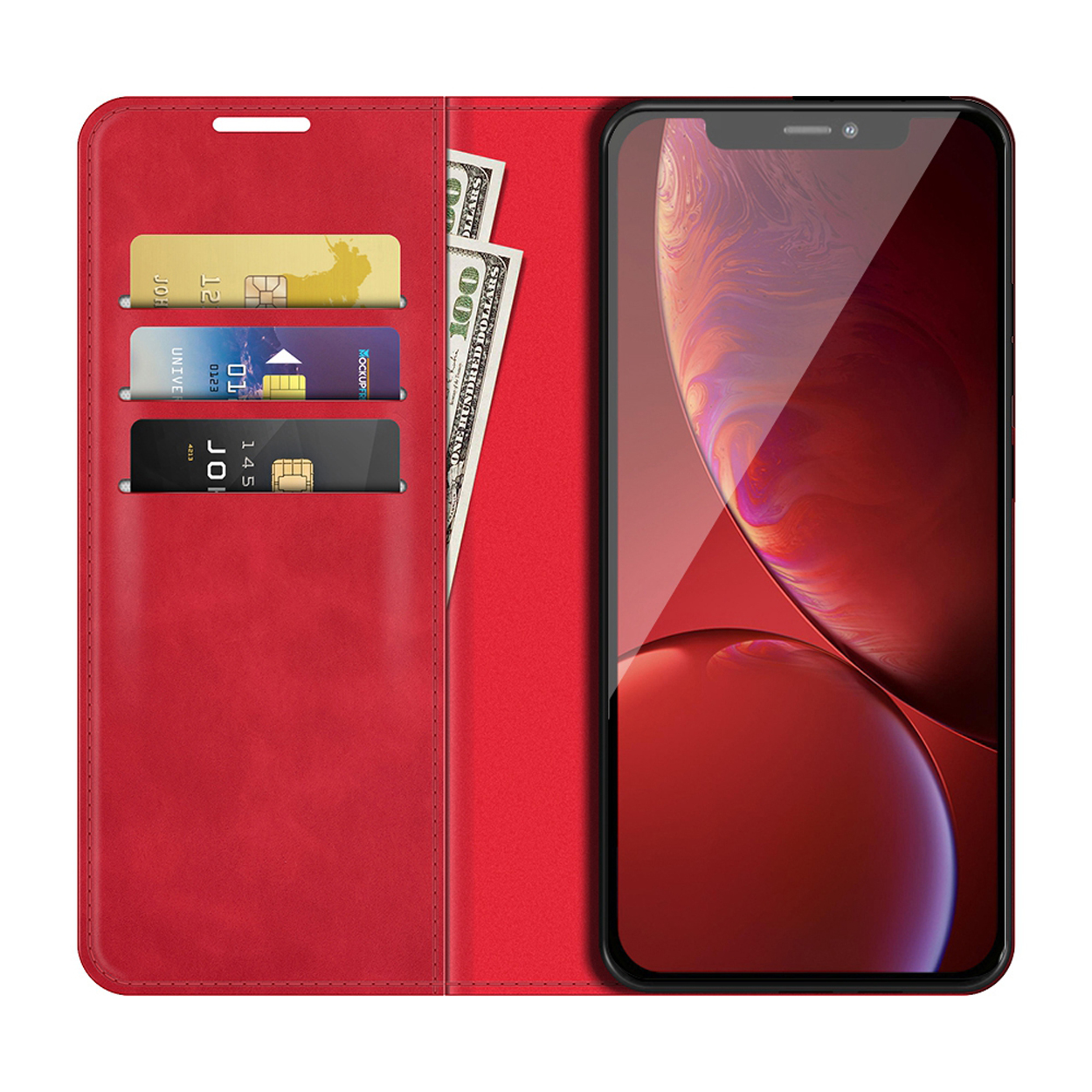Étui de téléphone rouge avec portefeuille. Intérieur : cartes et argent. Téléphone affiche graphique rouge. Bord noir.