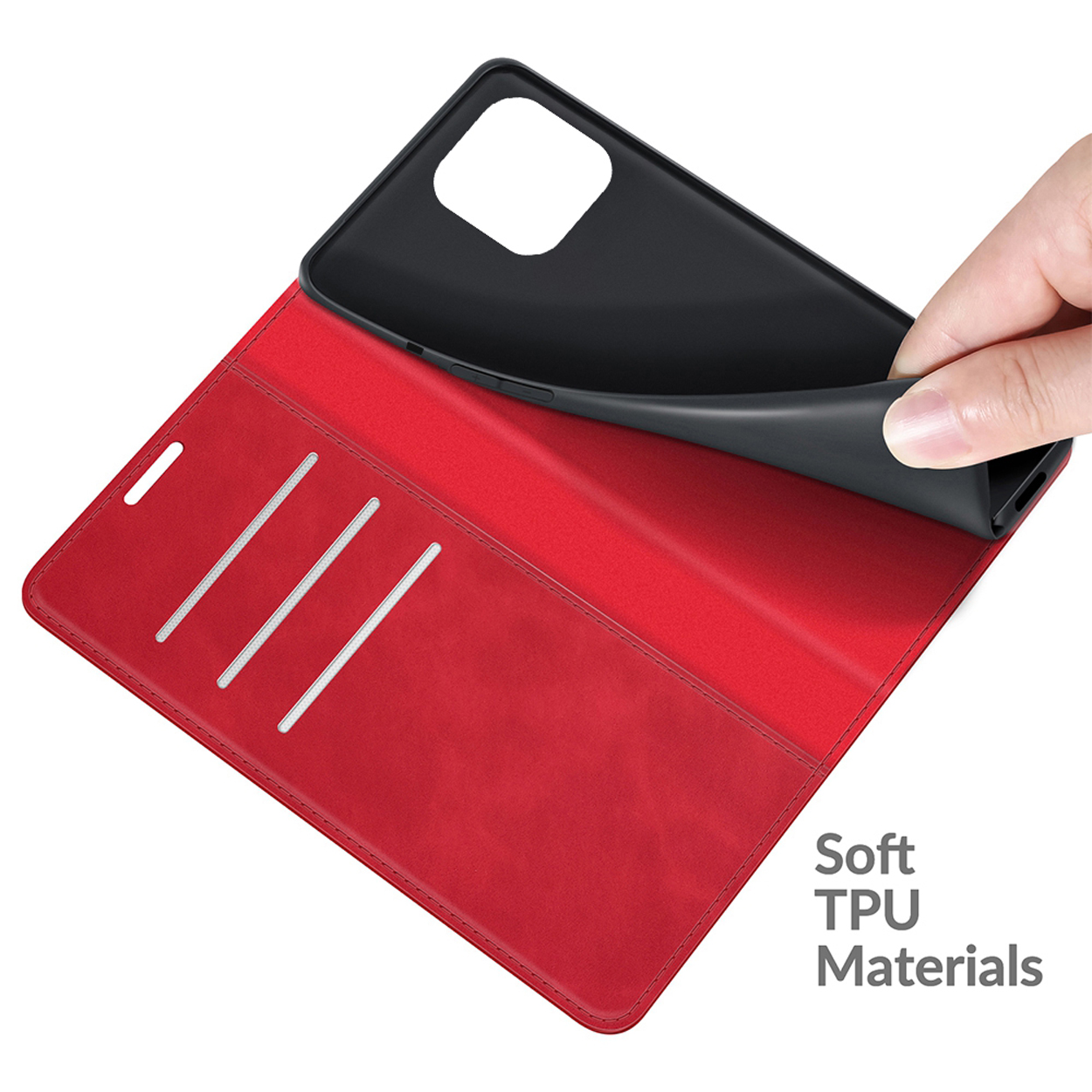 Main ouvre un étui de téléphone en cuir rouge. L'étui est ouvert, révélant des fentes pour cartes. Texte : Soft TPU Materials.