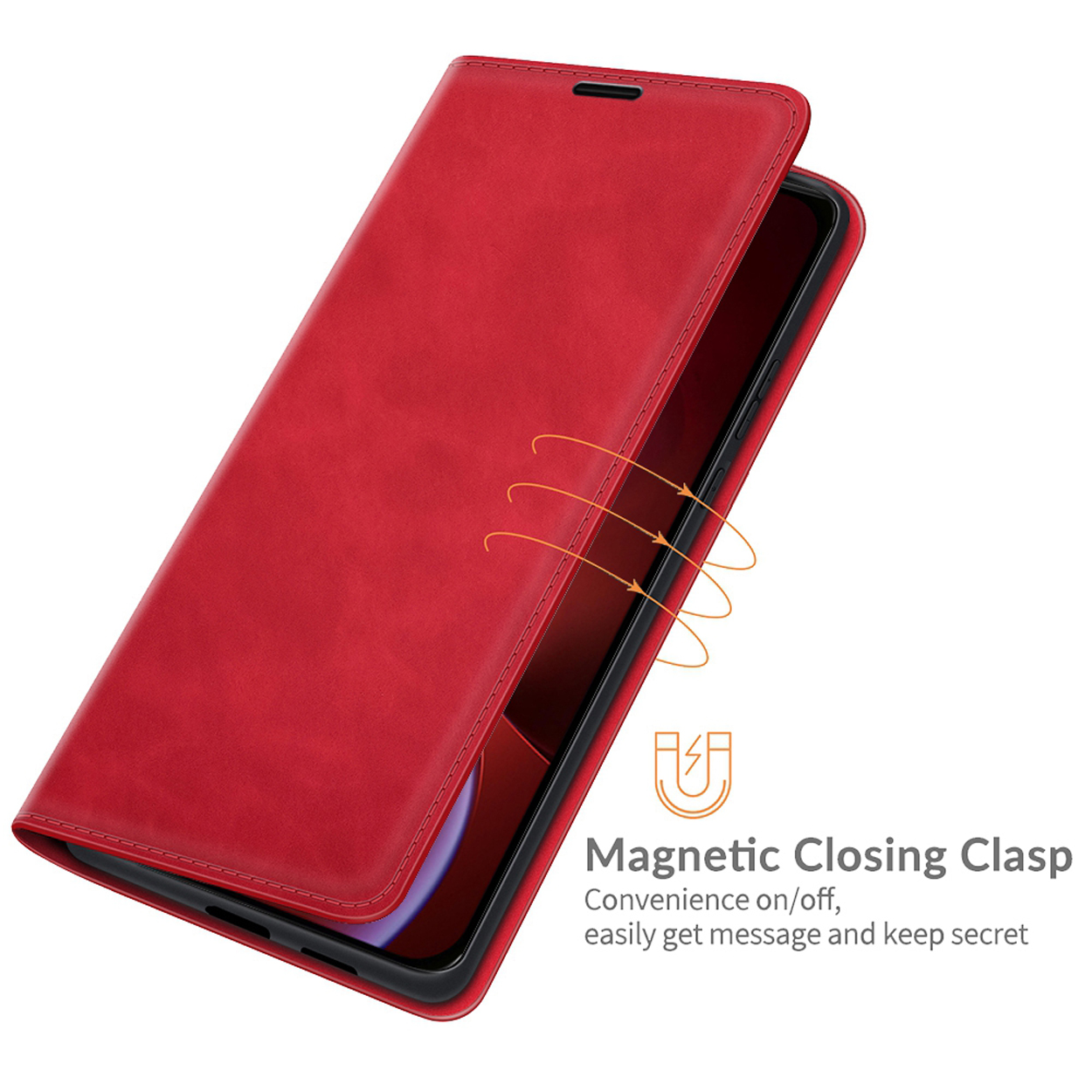 Étui de téléphone rouge, ouvert pour montrer le téléphone à l'intérieur. Détail de fermeture magnétique. Fond blanc.