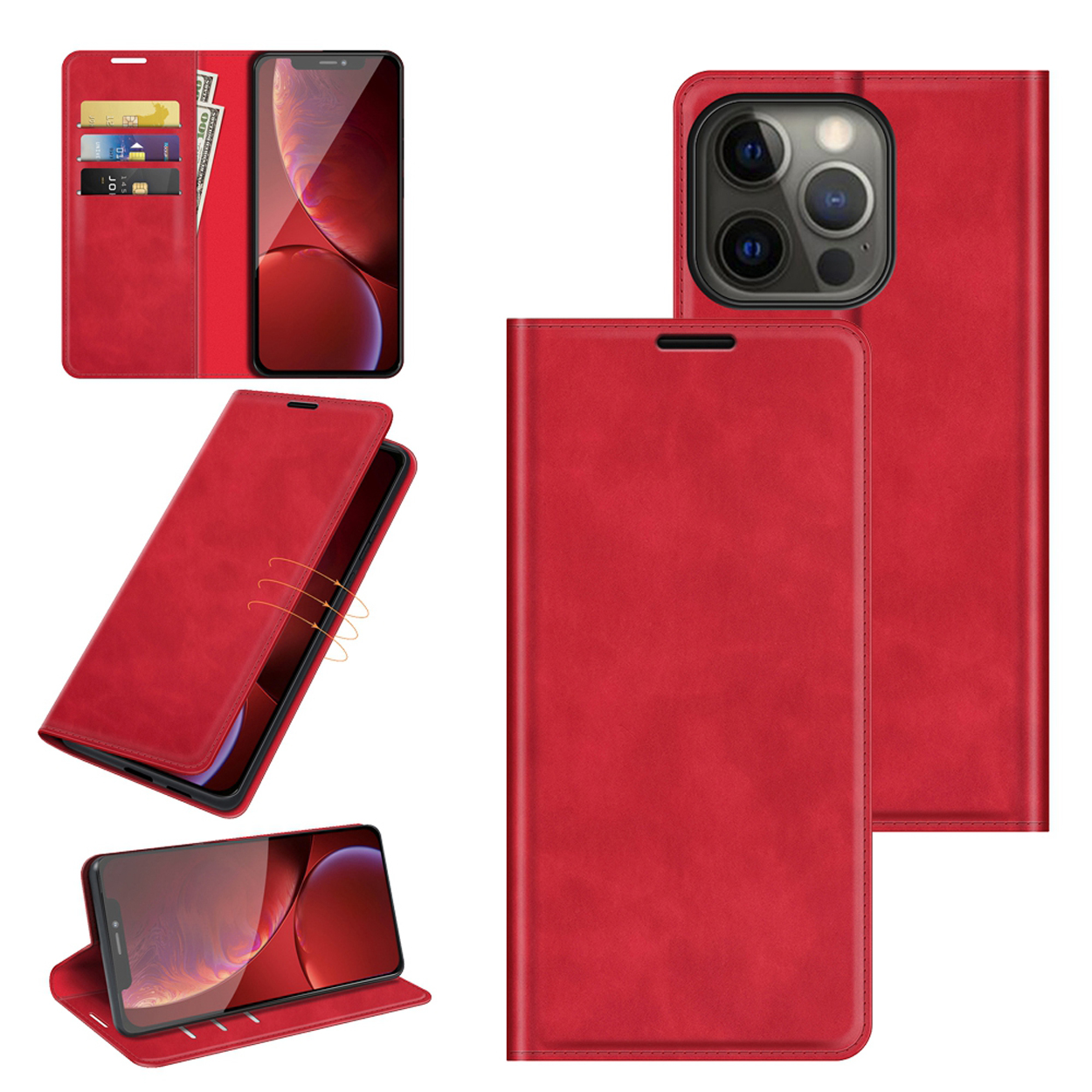 Étui de téléphone rouge avec un téléphone. L'étui a un design de portefeuille. Le téléphone est visible dans plusieurs positions.