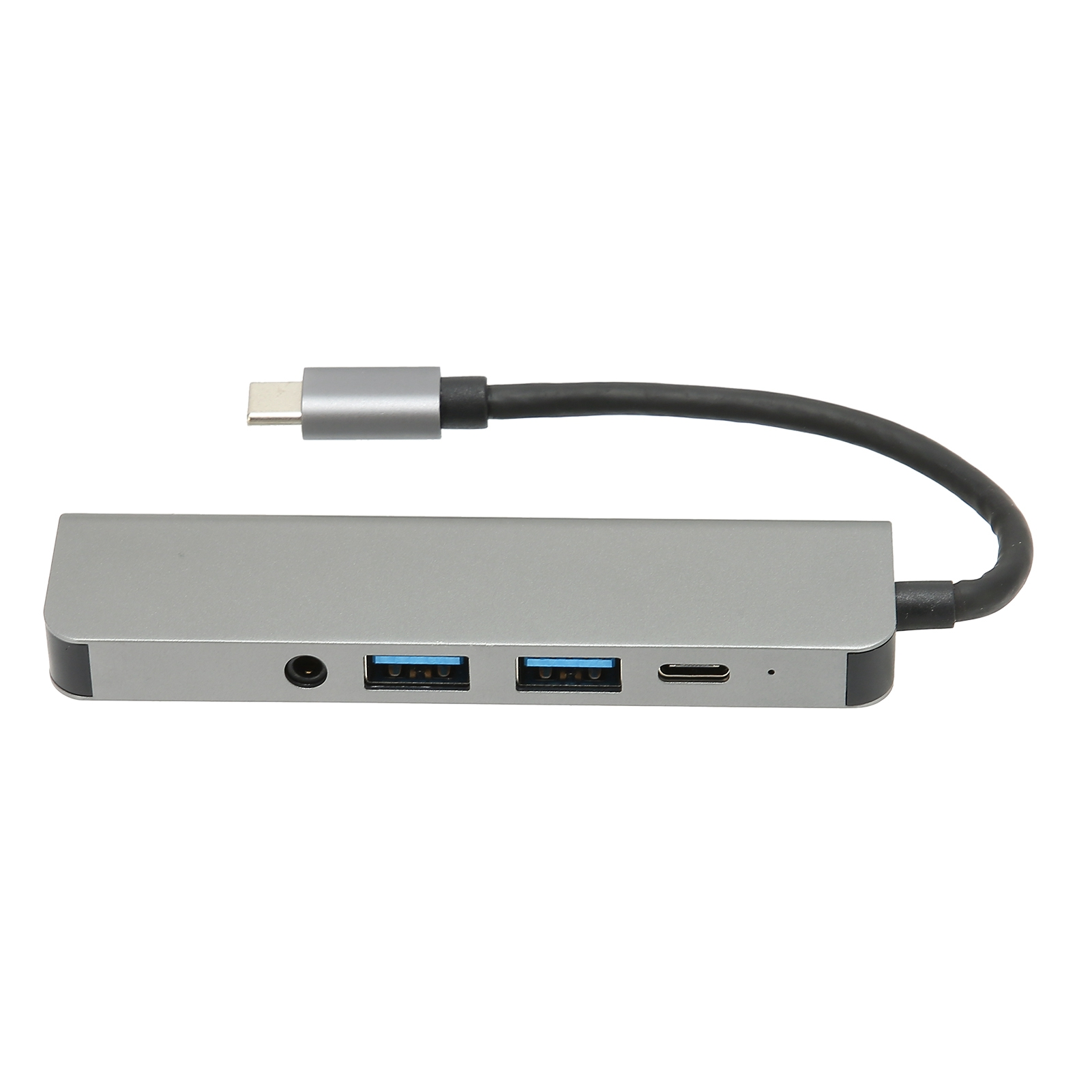 Silberner USB-C-Hub mit USB-Anschlüssen und einem schwarzen Kabel.