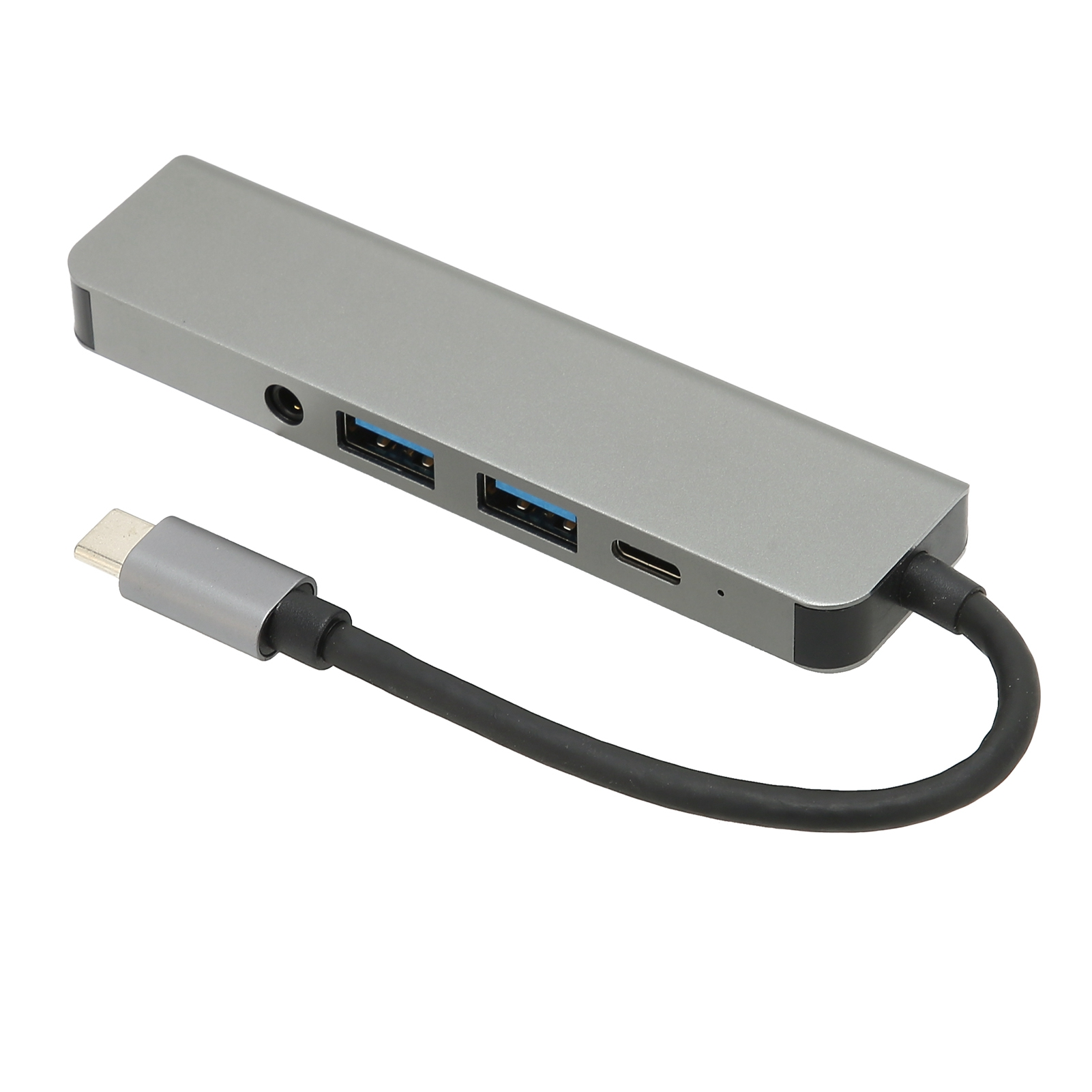 Ein silberner Hub mit USB-Anschlüssen und einem USB-C-Kabel. Auf weißem Hintergrund.