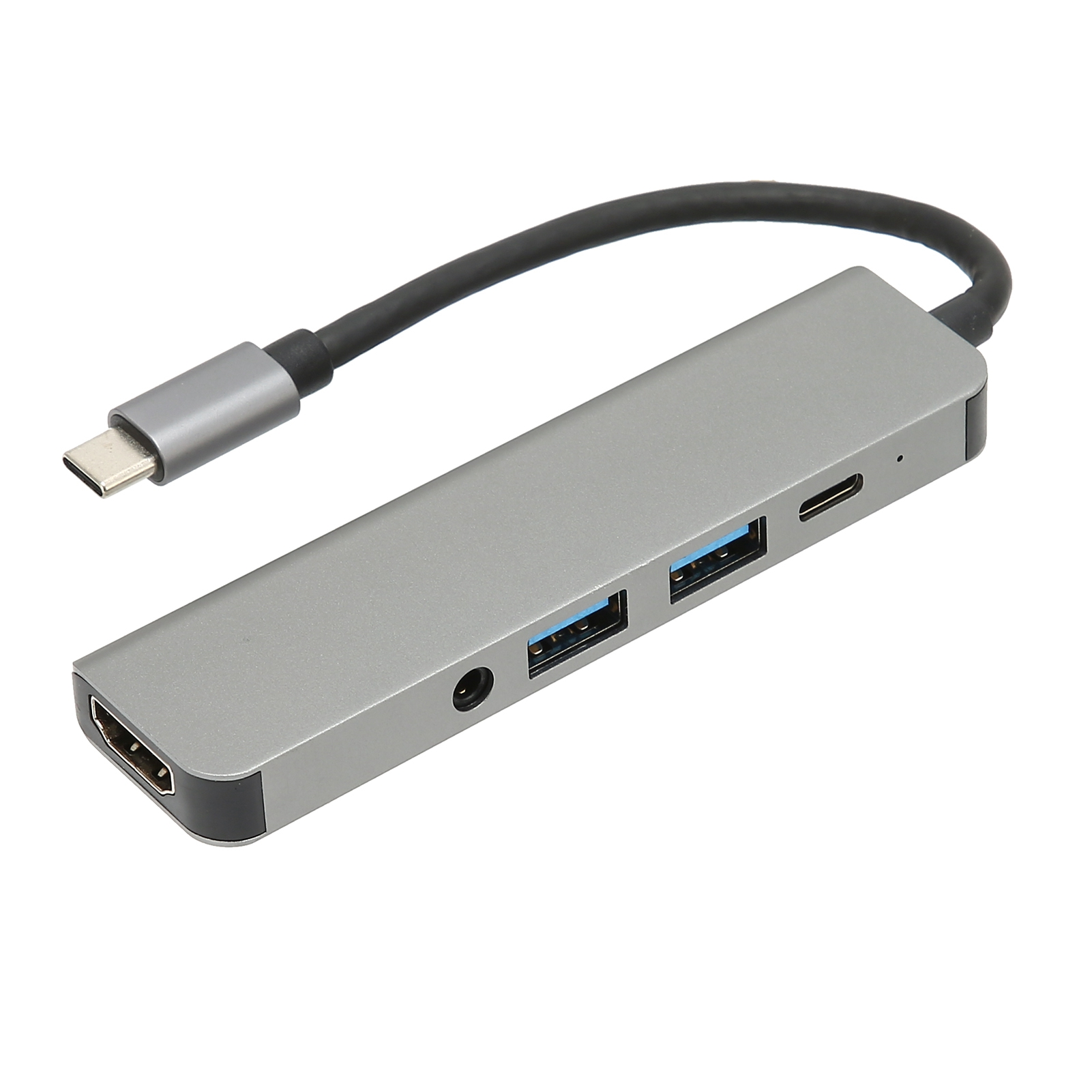 Ein silberner USB-C-Hub mit mehreren Anschlüssen auf weißem Hintergrund.