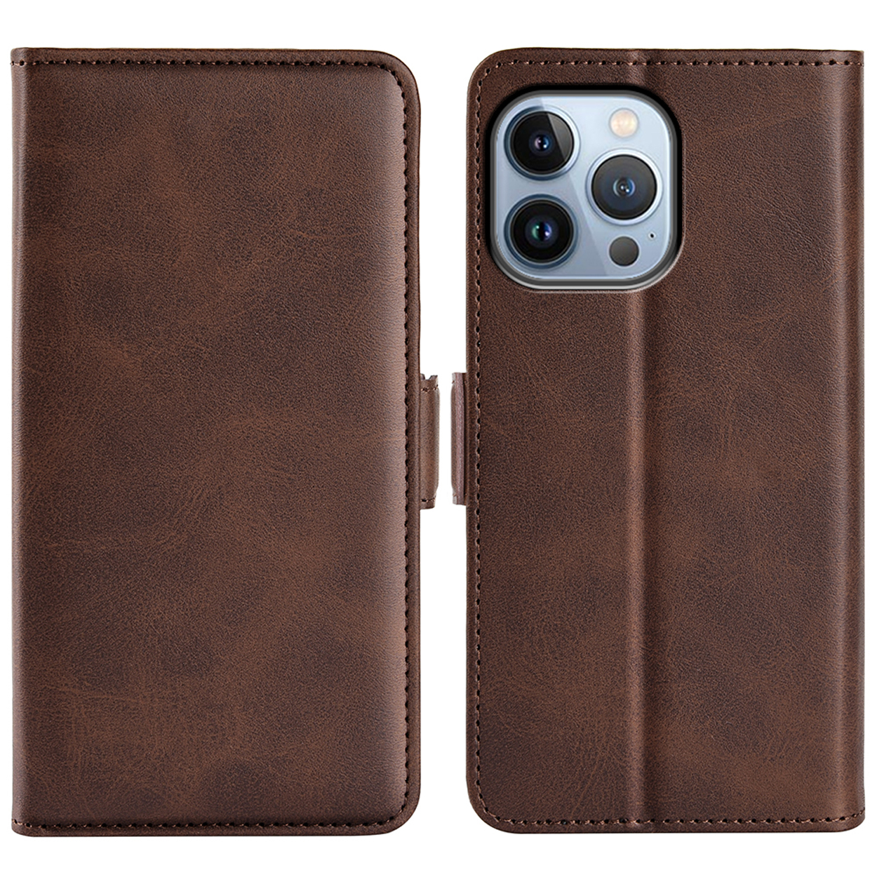 Bruine leren telefoonhoes, open en dicht. Toont telefoon met lenzen.