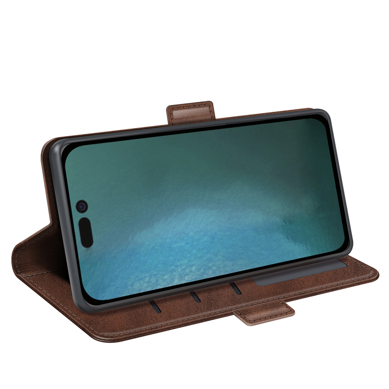 Bruine leren telefoonhoes, opengeklapt om een telefoon te tonen.