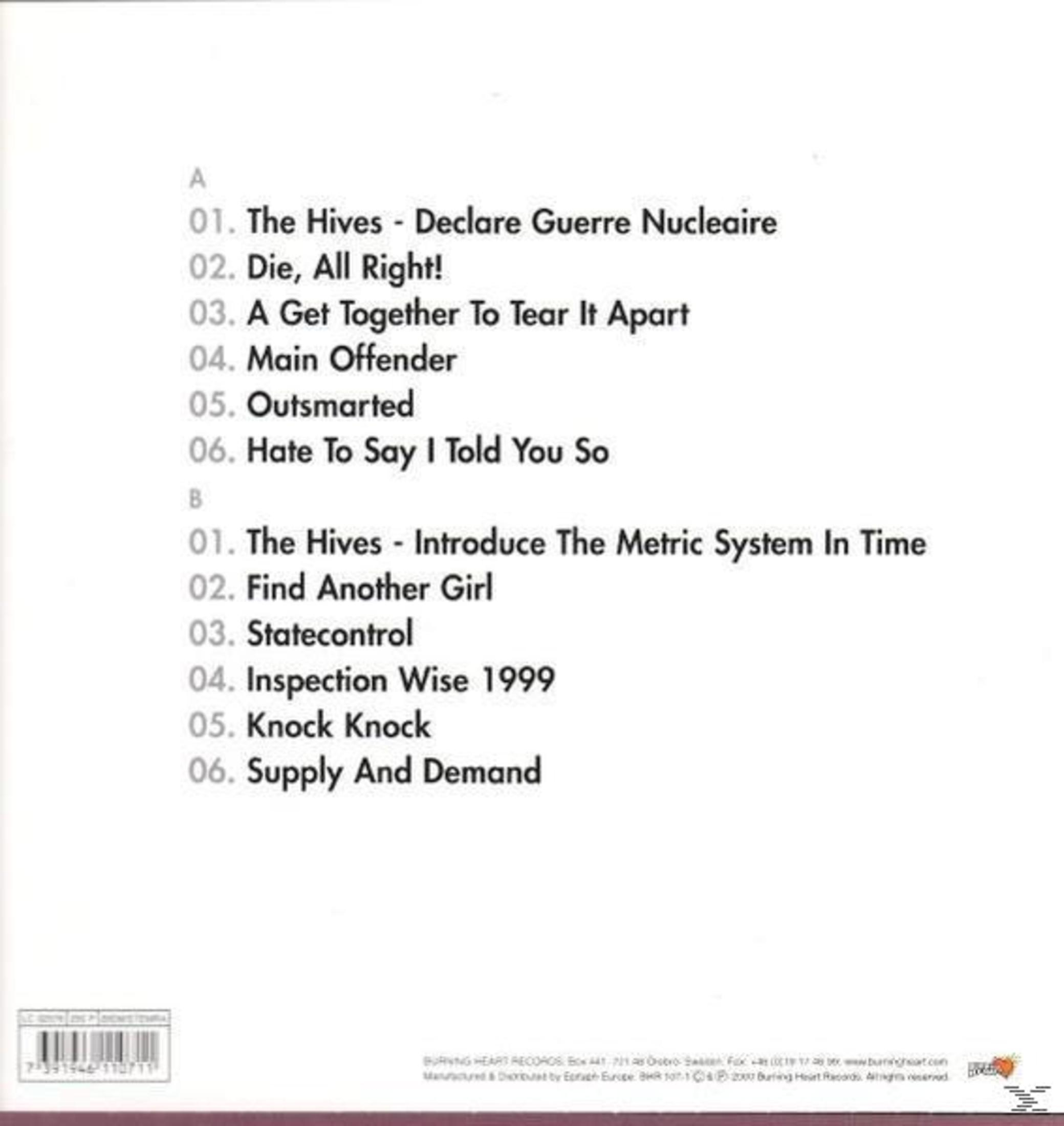 Album tracklist op wit papier. The Hives en andere bands staan vermeld.