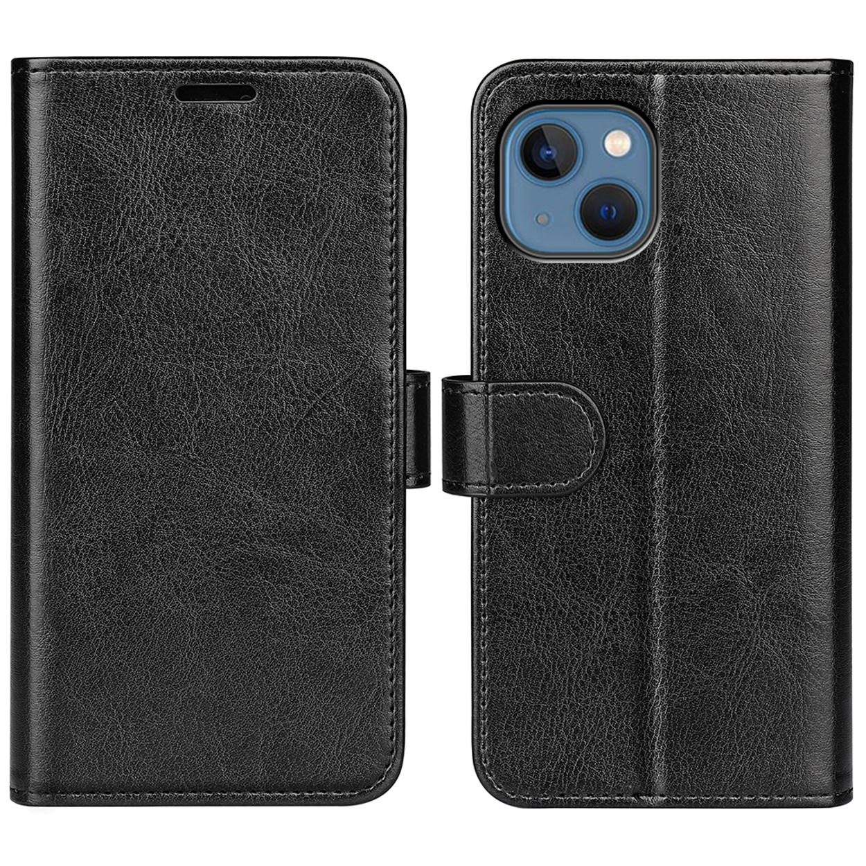 Gesloten zwarte leren telefoonhoes en de geopende hoes die de telefoon met de camera laat zien.