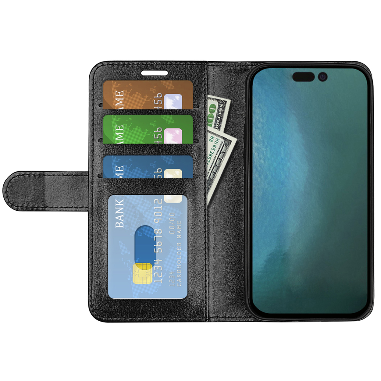 Telefoonhoes open, met kaarten en geld. Telefoonscherm is leeg. Zwarte hoes met witte achtergrond.
