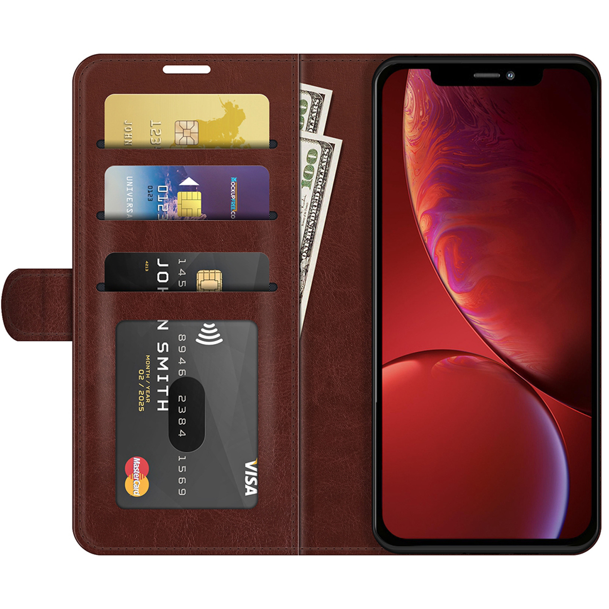 Telefoonhoes, open, met een telefoon, creditcards en een stapel Amerikaanse dollars.