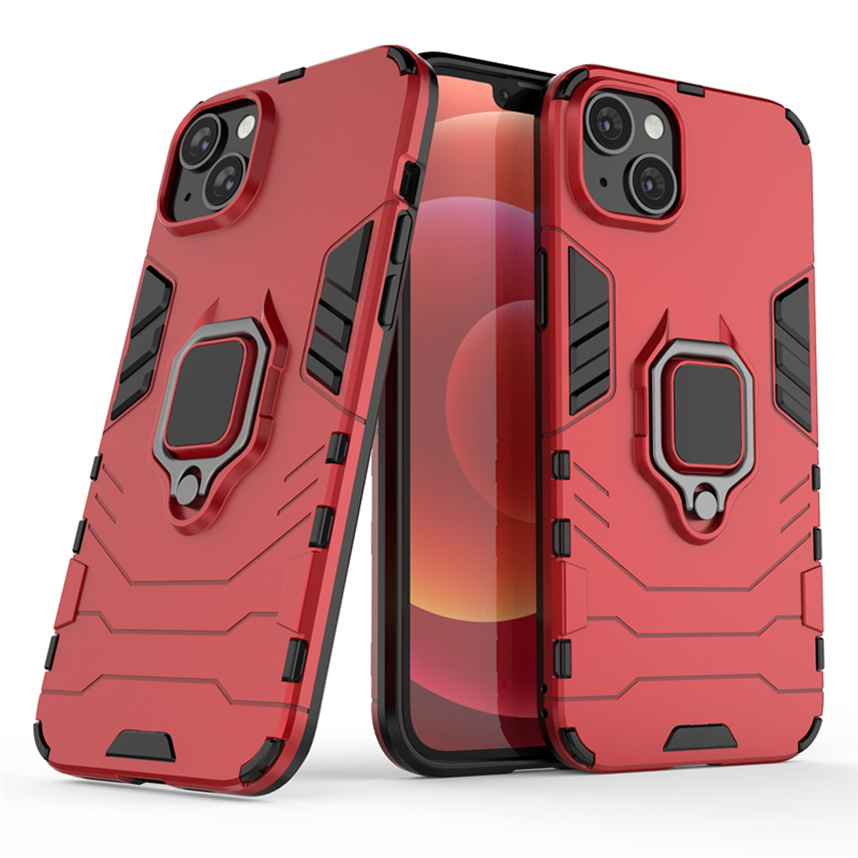 Coques de téléphone rouges avec des accents noirs. L'une a un support d'anneau à l'arrière. Le téléphone est au milieu.