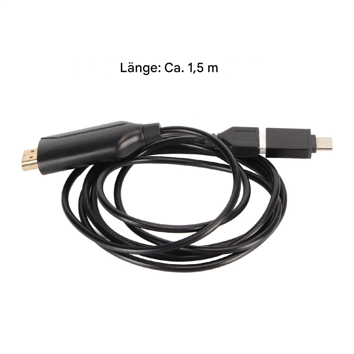 Schwarzes HDMI-zu-USB-C-Kabel. Das Kabel ist aufgerollt.