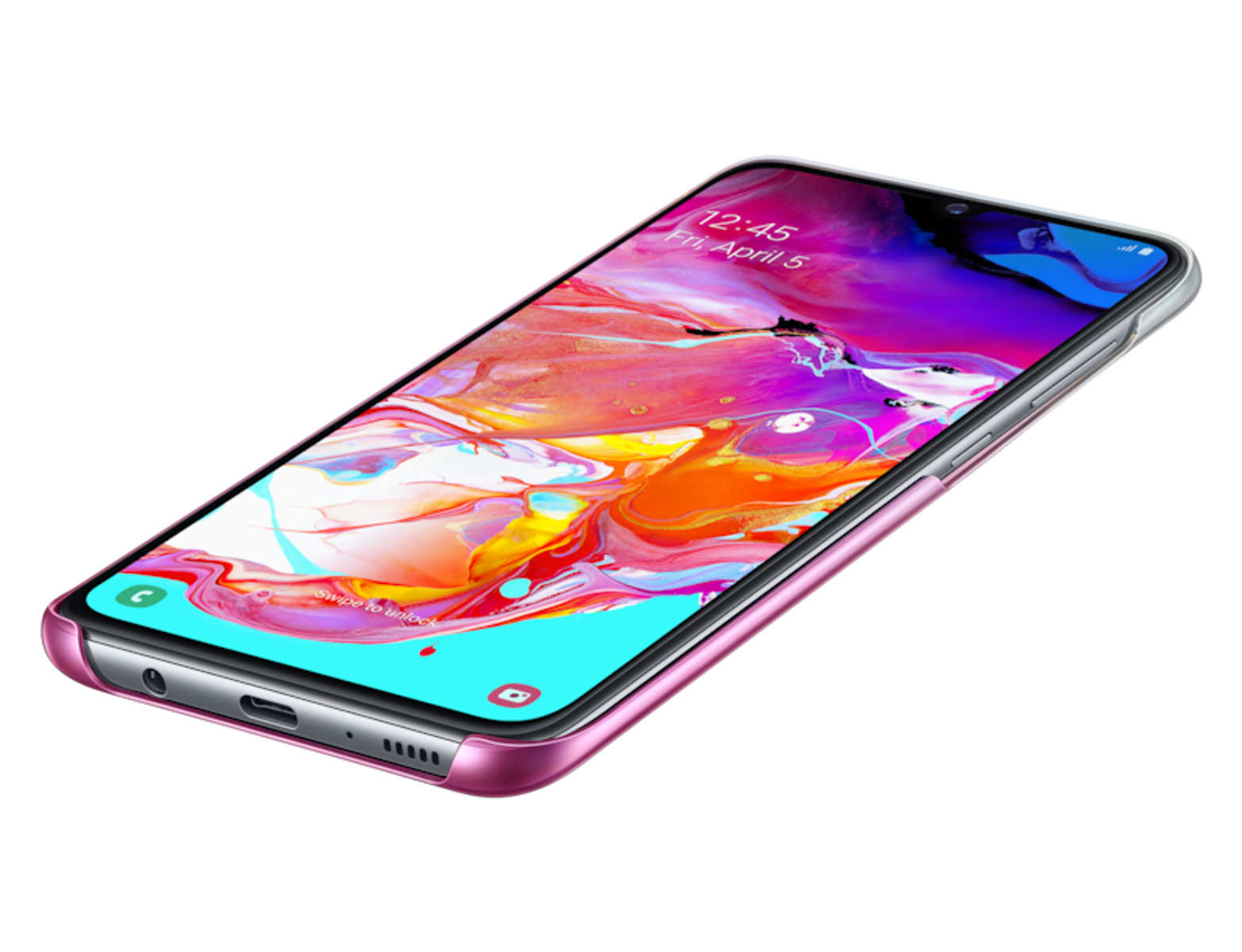 Un teléfono inteligente rosa con una pantalla que muestra una imagen colorida, sobre una superficie blanca.