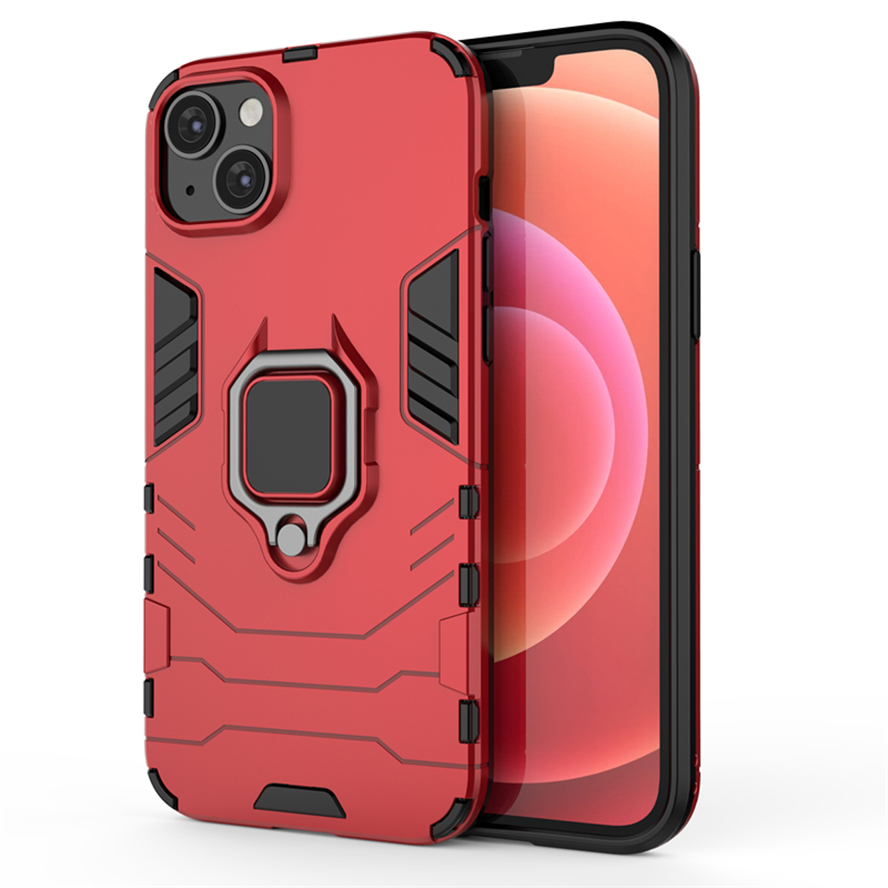 Coque rouge pour iPhone avec protubérance noire pour appareil photo et support anneau.