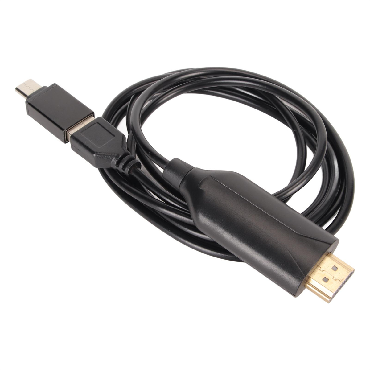 Schwarzes HDMI-zu-USB-C-Kabel, aufgerollt, mit Anschlüssen an jedem Ende, auf weißer Oberfläche.