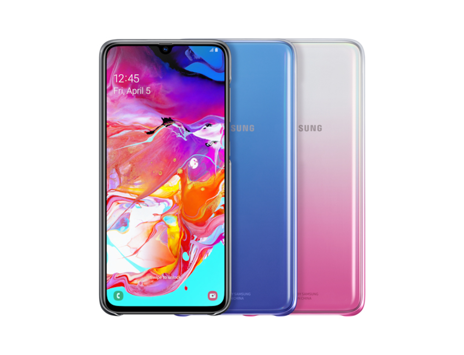 Tres smartphones, uno azul, uno rosa y uno blanco, con una pantalla de teléfono.