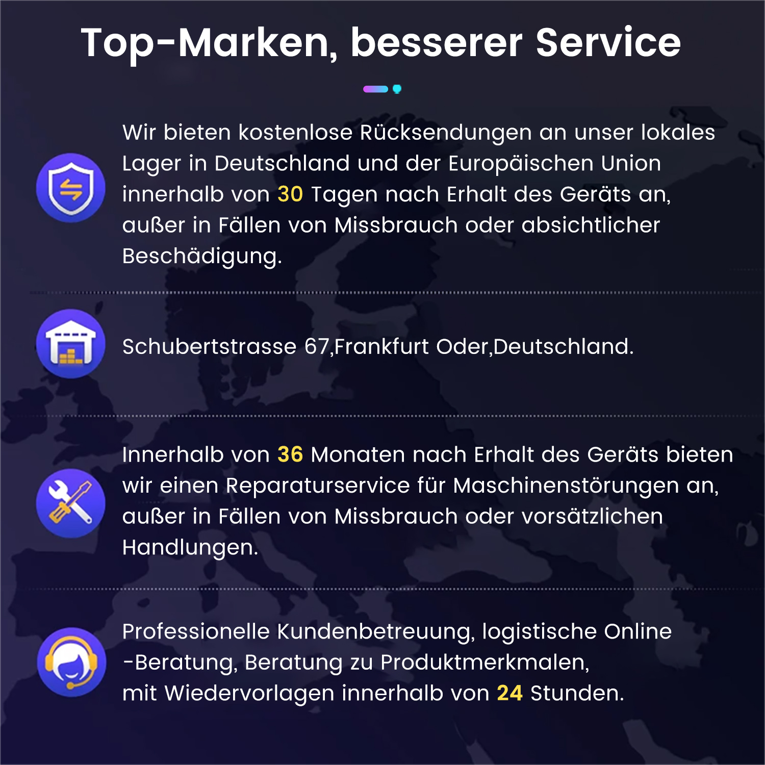Werbung mit Text über kostenlose Rücksendungen, Adresse, Garantie und Kundensupport.