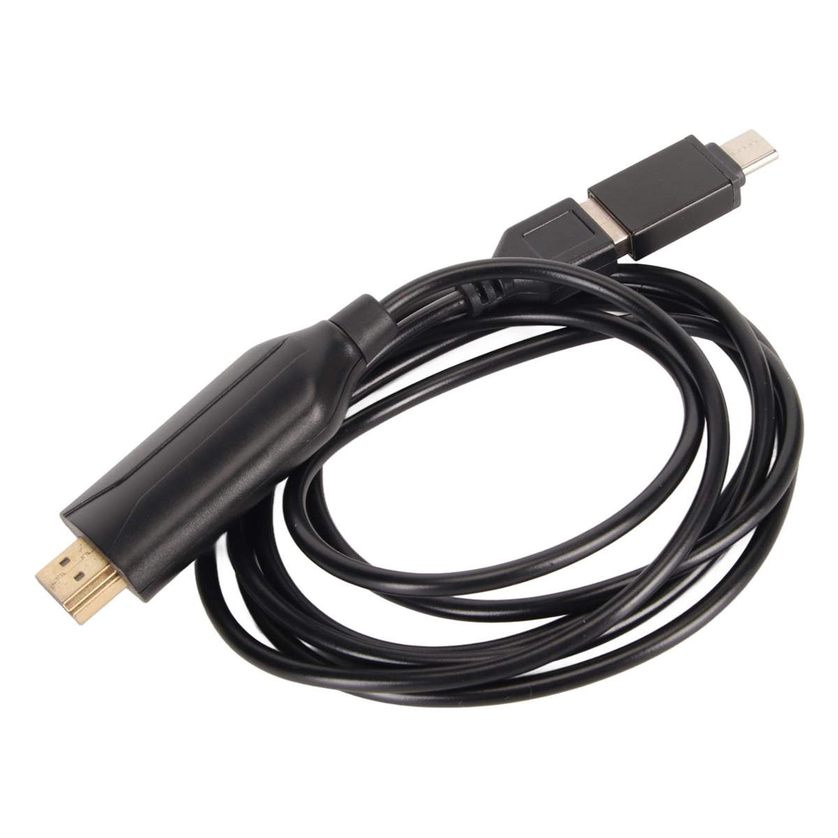 Schwarzes HDMI-zu-USB-C-Kabel. Der USB-C-Anschluss ist schwarz. Weißer Hintergrund.