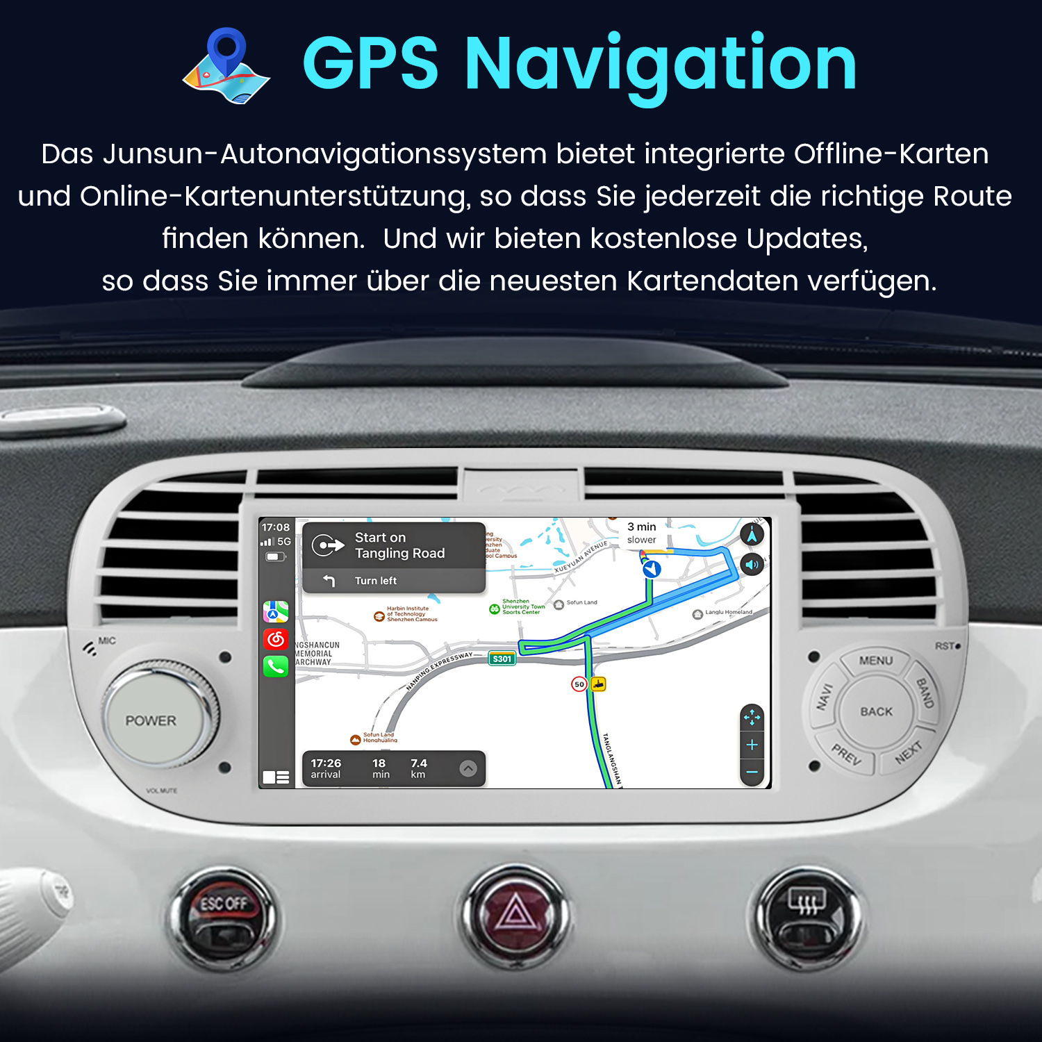 Ein Auto-Navigationssystembildschirm, der eine Karte zeigt, mit einem weißen Armaturenbrett.