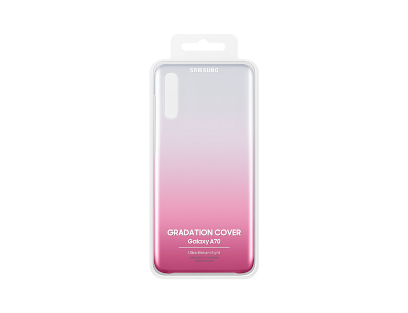 Una funda para teléfono Samsung Galaxy A70 en un paquete transparente, degradado rosa.