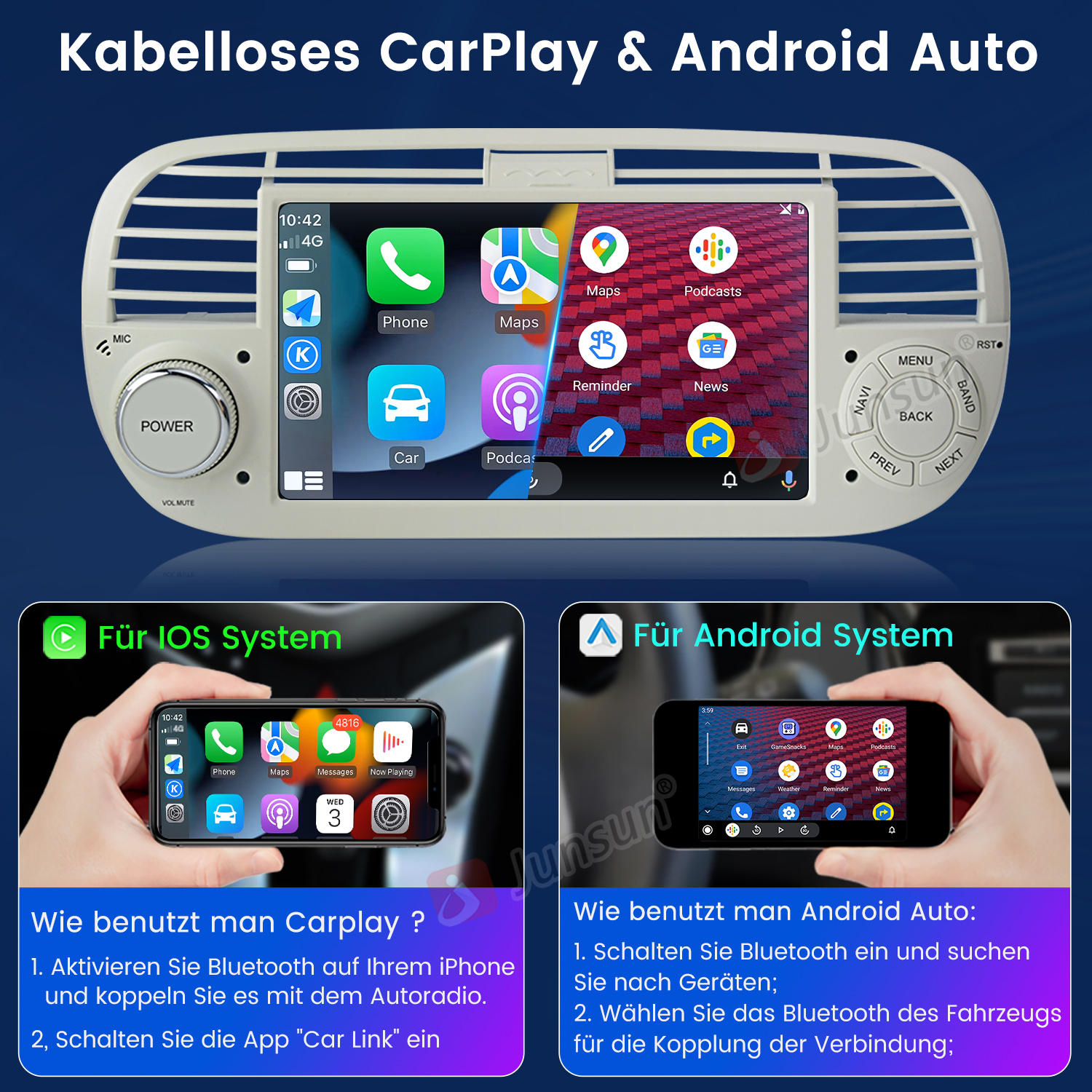 Auto-Infotainmentsystem, das einen Telefonbildschirm mit Karten- und App-Symbolen zeigt.