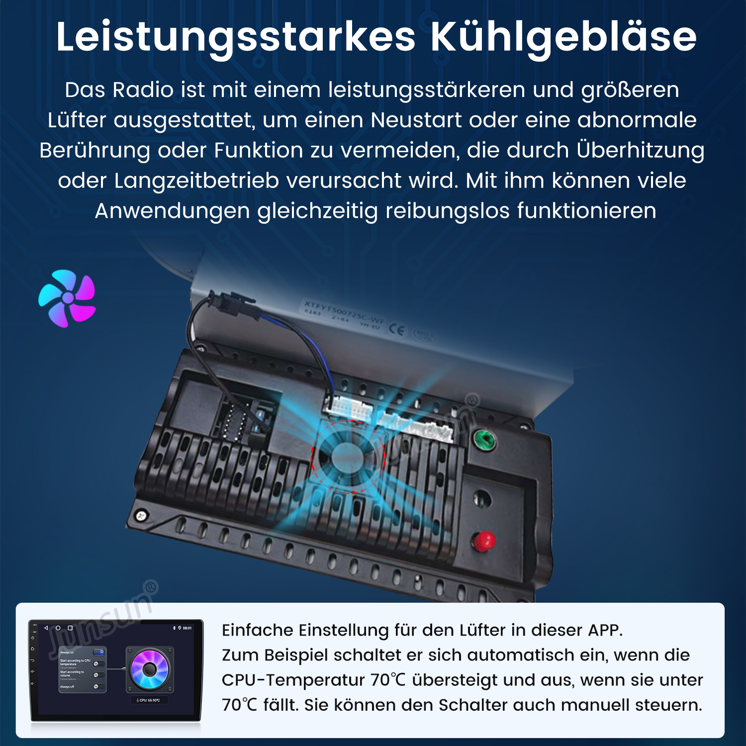 Urządzenie elektroniczne z wentylatorem chłodzącym, z tekstem w języku niemieckim o jego funkcjach i zaletach.