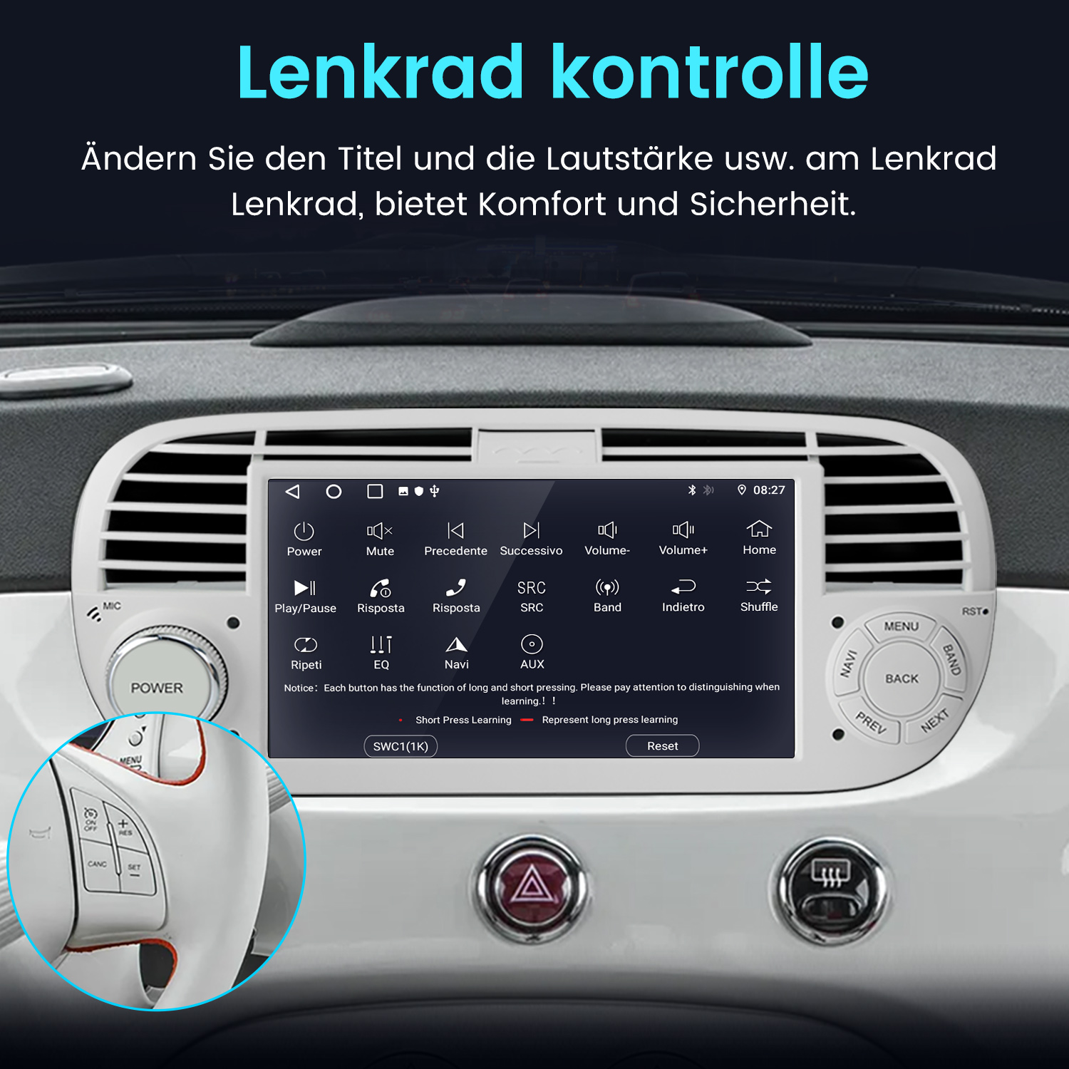 Armaturenbrett mit Bildschirm und Lenkradbedienelementen in einem Auto.