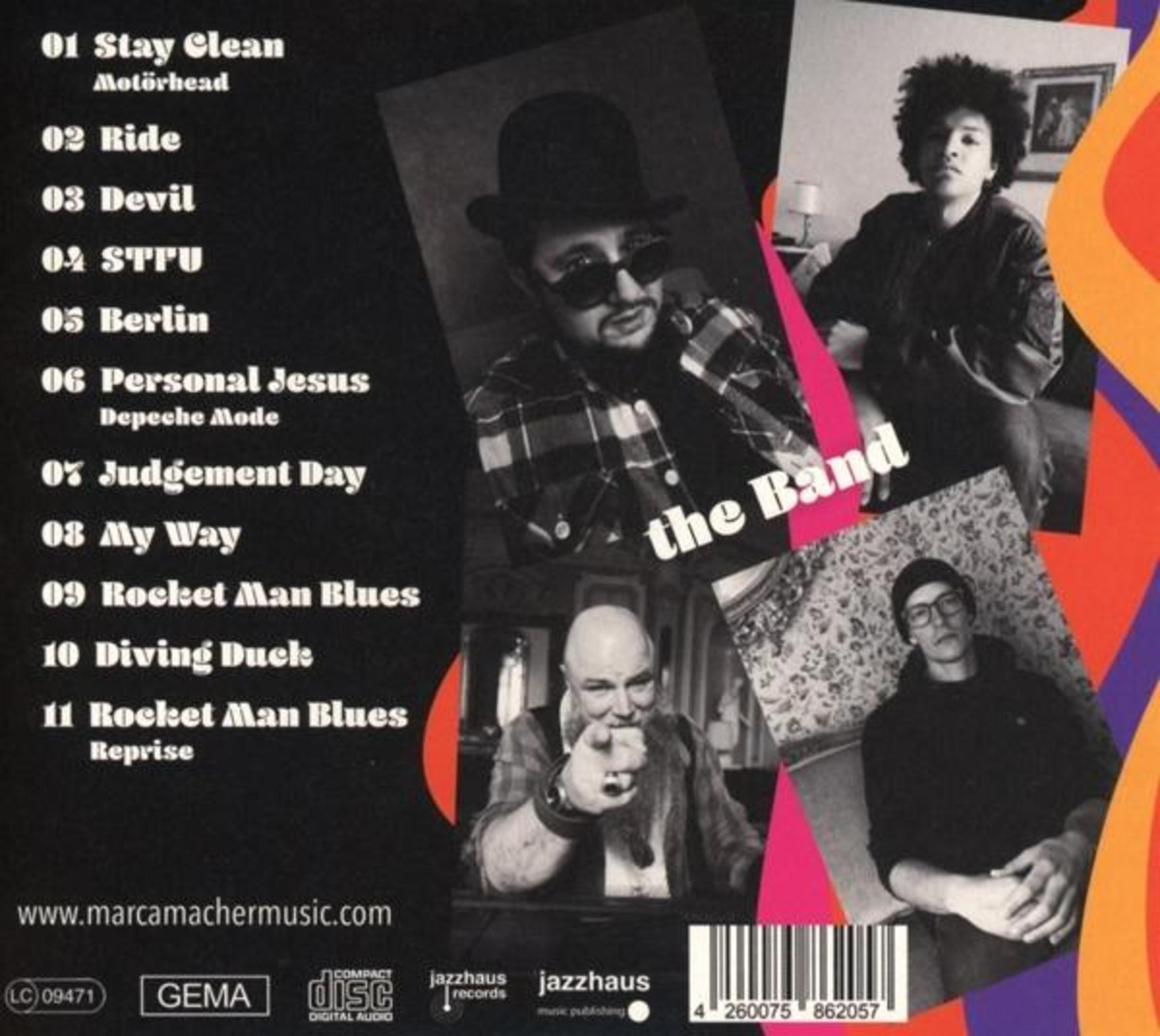 Albumhoes: 'The Band'. Tekst geeft songtitels en afbeeldingen van bandleden. Donkere achtergrond met oranje en paarse accenten.