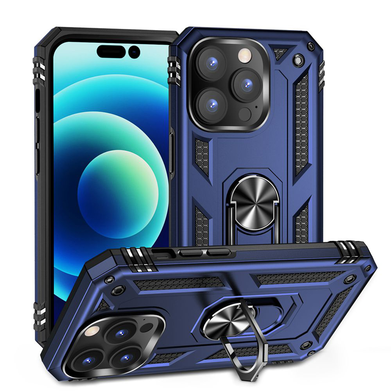 Blauwe telefoonhoes met telefoon en ringhouder. De hoes staat op een witte achtergrond.