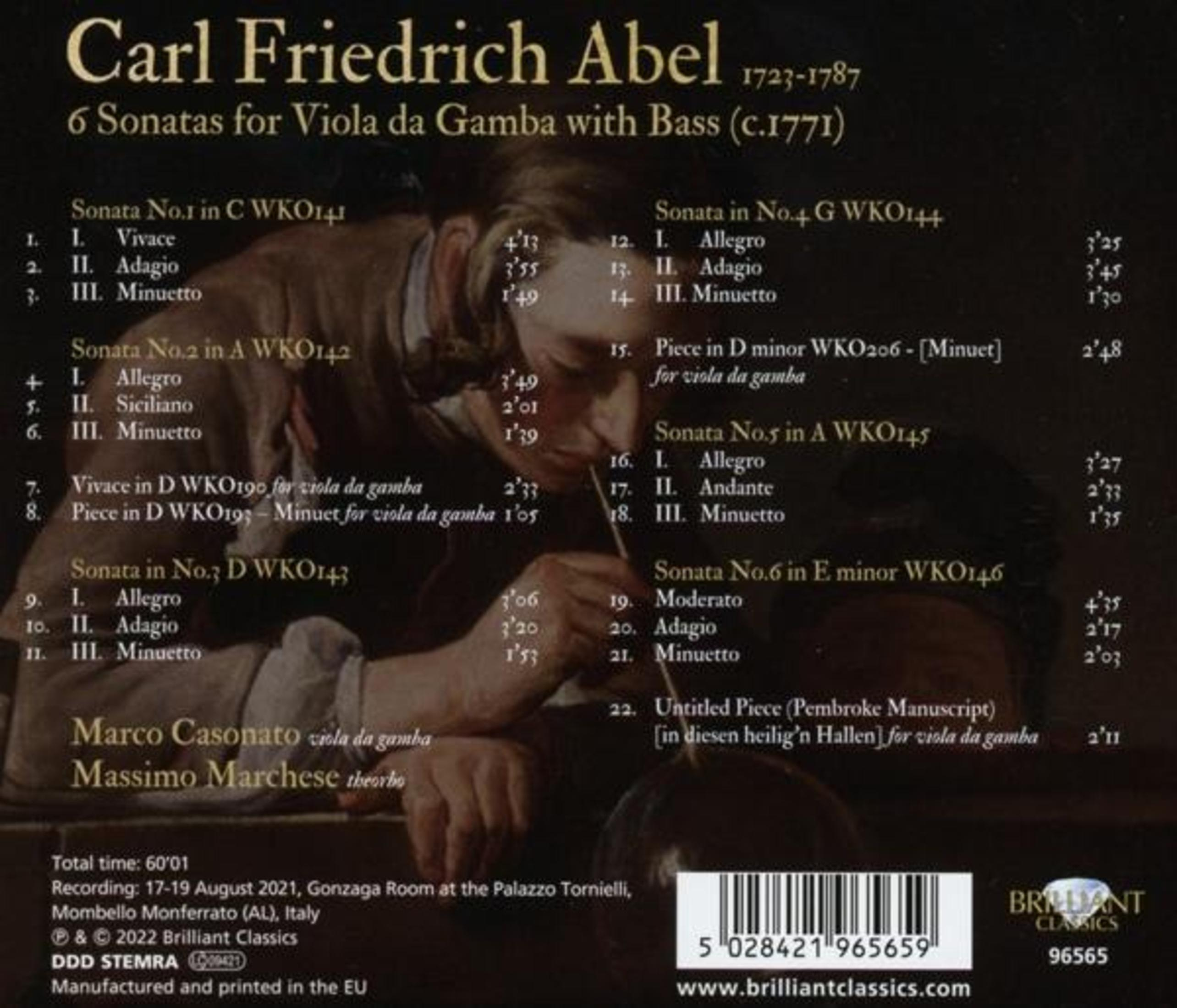 Albumhoes: Tekst over Carl Friedrich Abel en sonates, met muzieknoten.