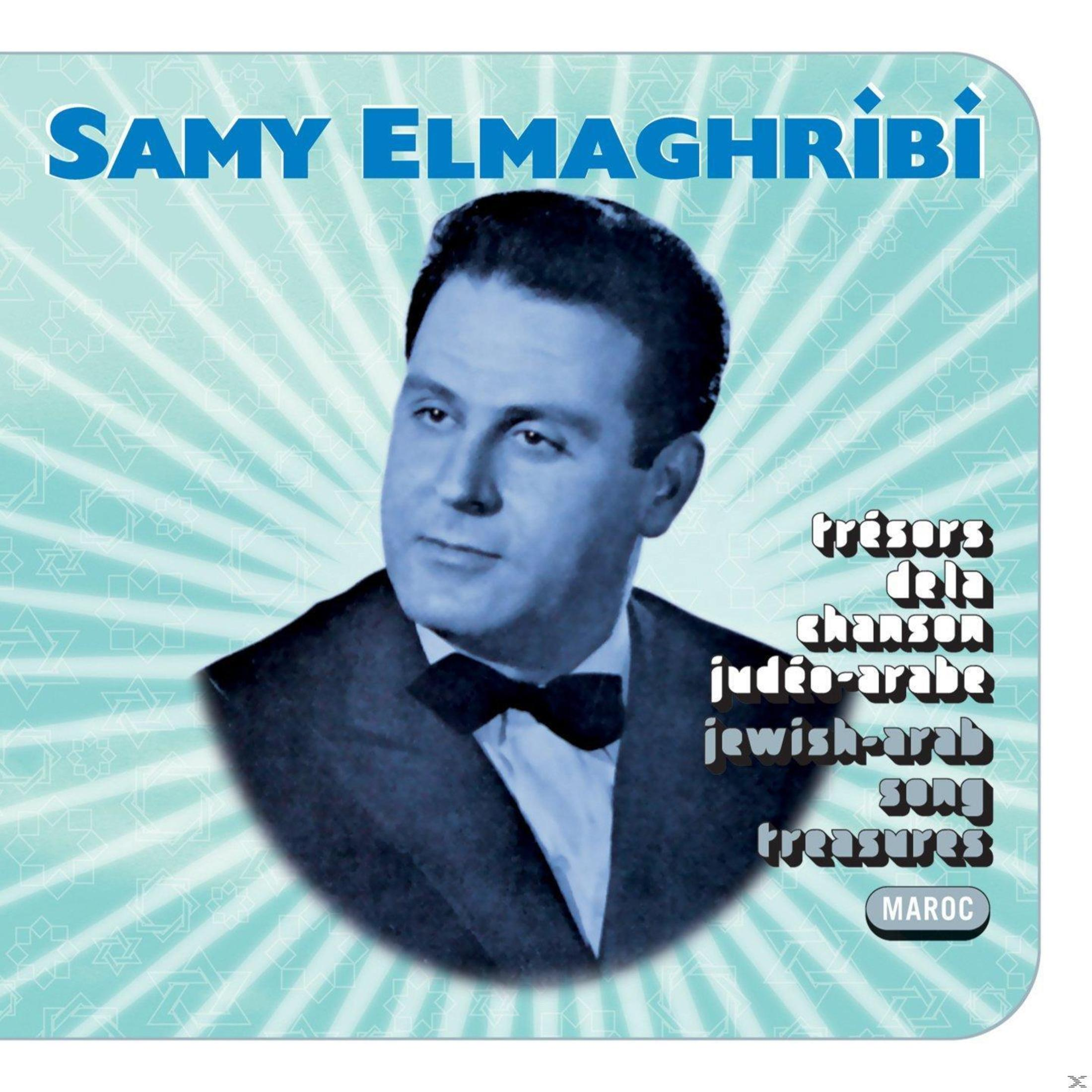Albumhoes: 'Samy Elmaghribi'. Een man in een pak. Tekst in het Arabisch en Engels. Blauwe, lichte achtergrond.