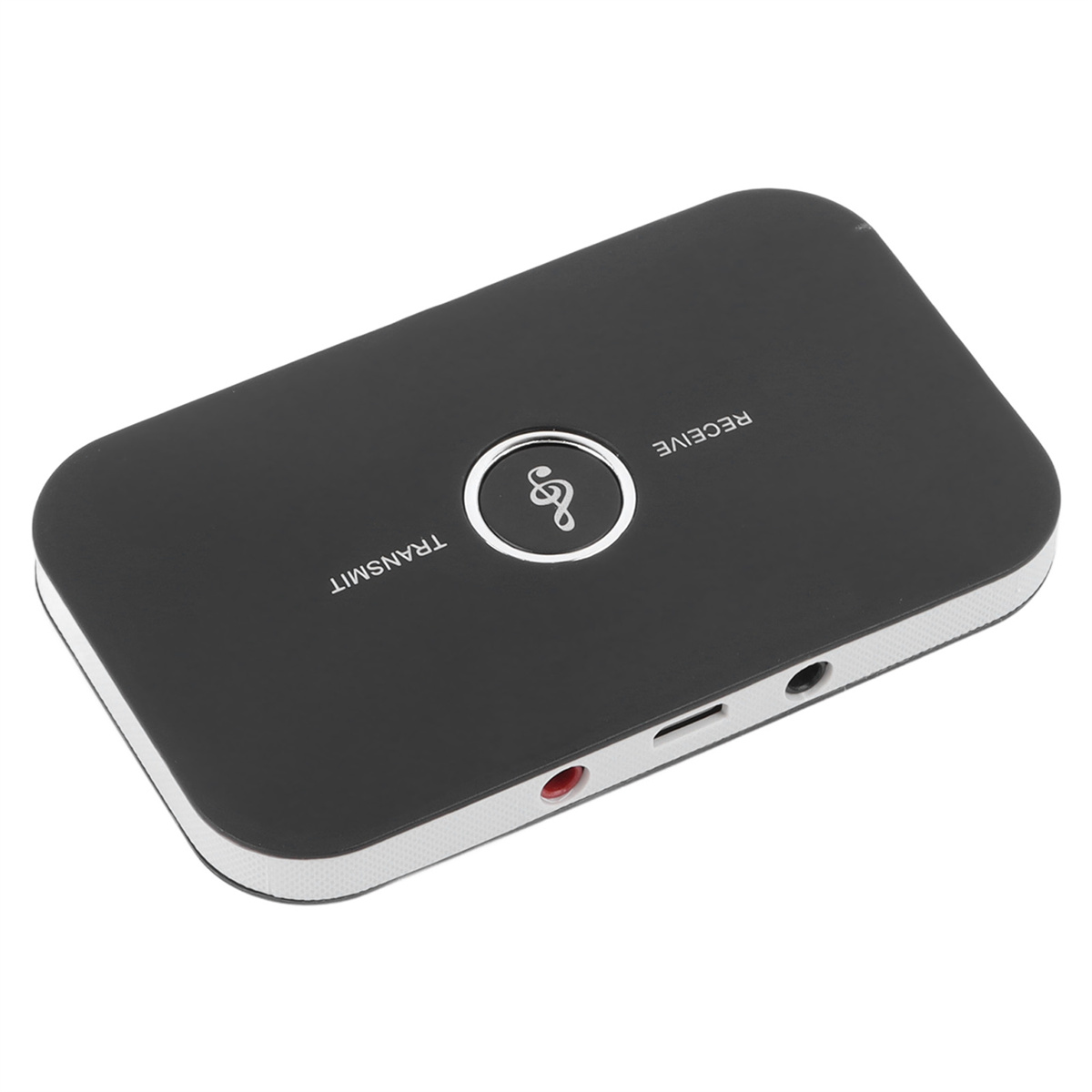 Ein schwarzer, rechteckiger Bluetooth-Empfänger mit abgerundeten Ecken. Er hat die Aufschriften 'TRANSMIT' und 'RECEIVE', ein Logo und Anschlüsse.