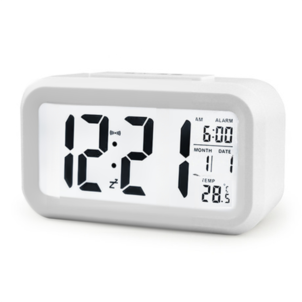 Ein weißer digitaler Wecker, der die Uhrzeit, das Datum und die Temperatur anzeigt.