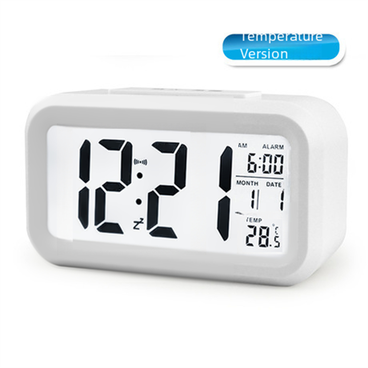 Ein weißer digitaler Wecker zeigt 12:21, Weckzeit 6:00, Datum 11/1 und Temp. 28.5 an.