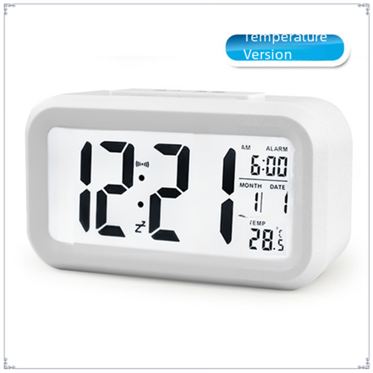 Ein digitaler weißer Wecker mit Anzeige von Zeit, Datum, Temperatur und Alarmeinstellungen.