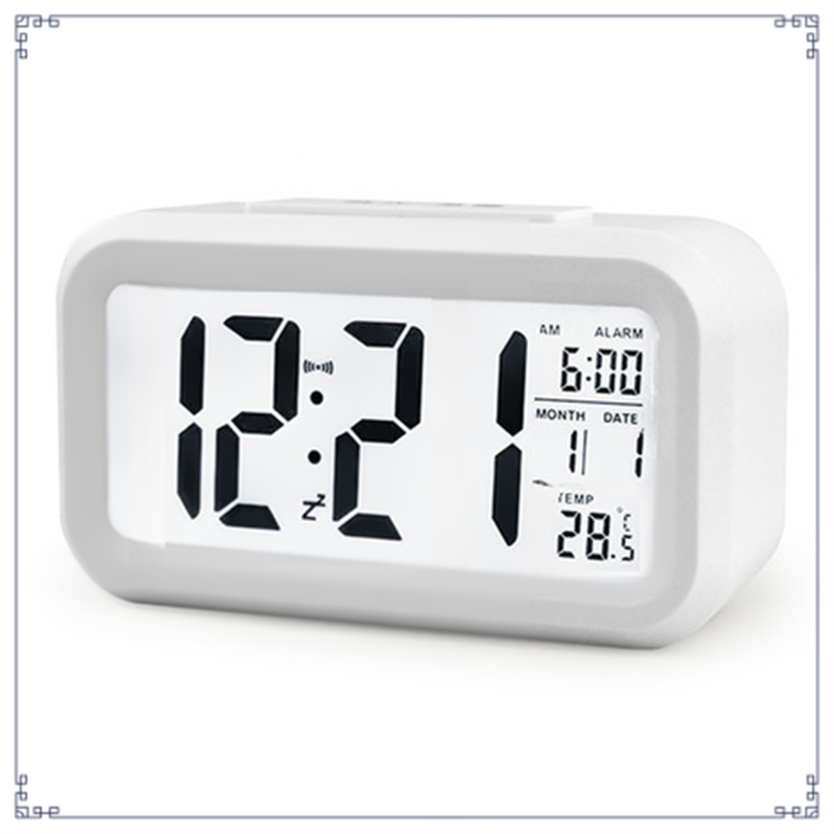 Weiße Digitaluhr, die Uhrzeit und Datum anzeigt, mit weißem Rahmen.