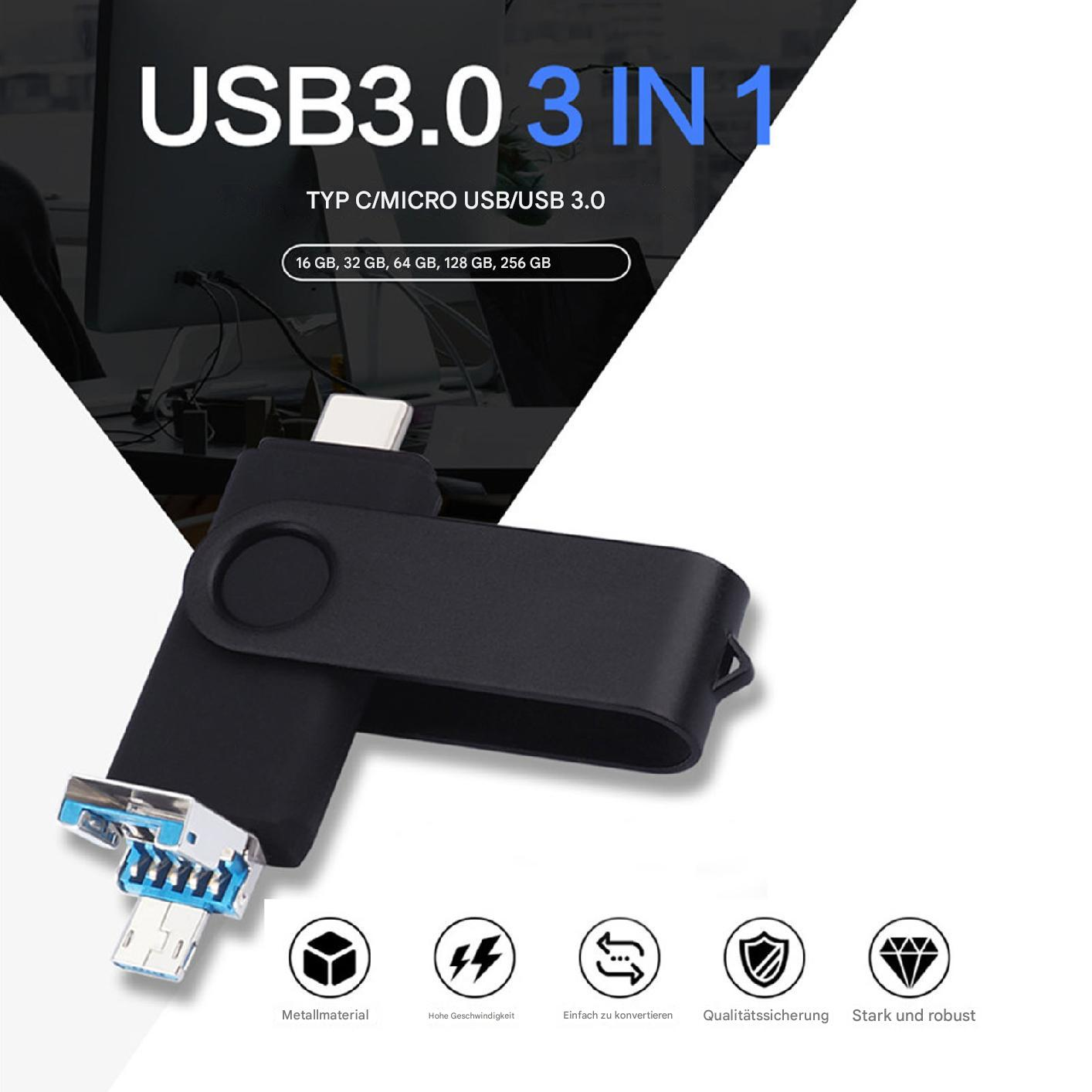 Ein schwarzer USB-Stick mit einem USB-A- und einem USB-C-Anschluss. Es steht: 'USB3.0 3 IN 1'.