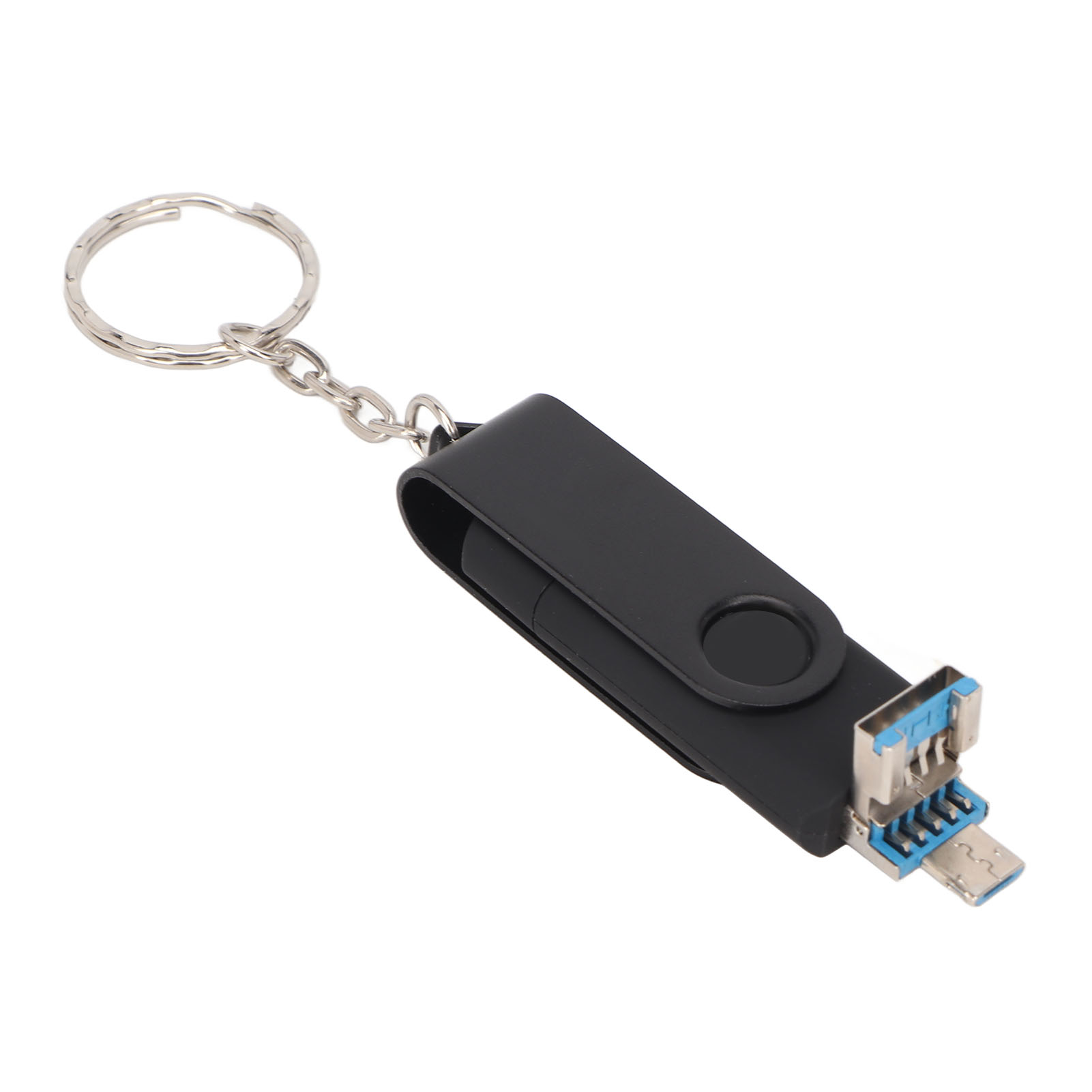 Schwarzer und silberner USB-Stick mit Schlüsselanhänger, der USB- und Micro-USB-Anschlüsse zeigt.