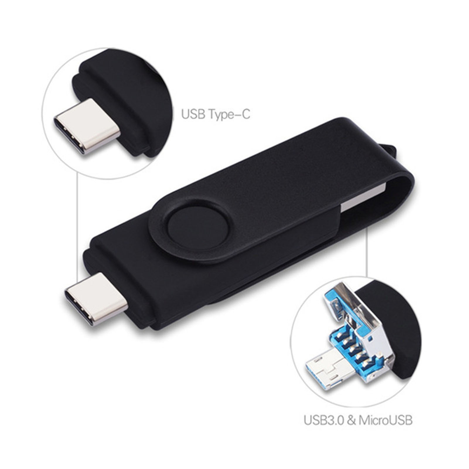 Schwarzer USB-Stick mit zwei USB-Typ-C-Anschlüssen und USB 3.0 & MicroUSB.