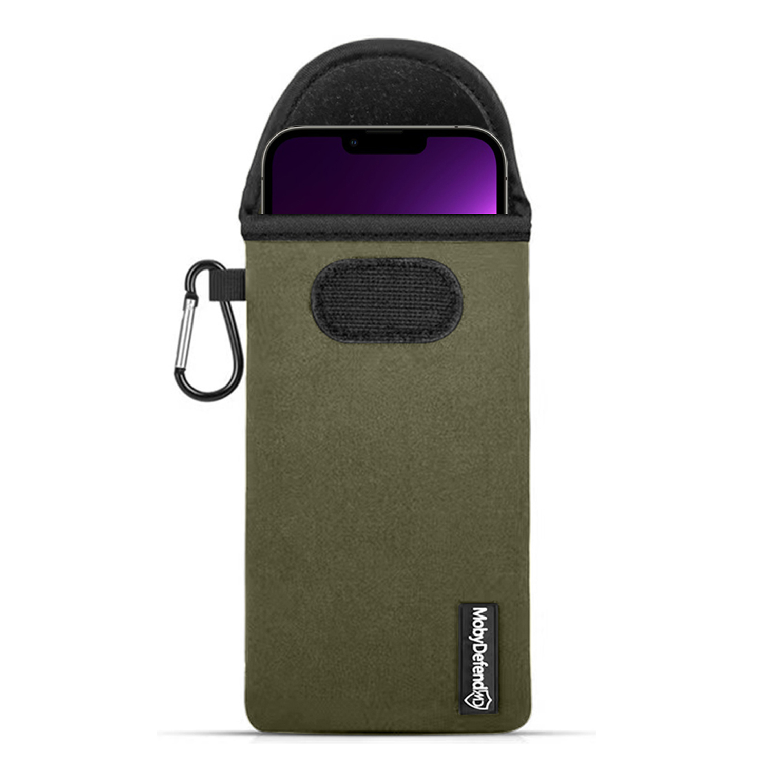Housse de téléphone vert olive avec un dessus noir. Il a un crochet argenté pour accrocher le téléphone.