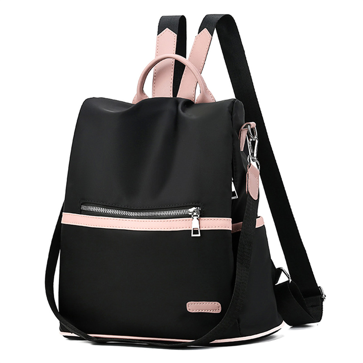 Ein schwarzer Rucksack mit rosa Zierleisten und Trägern, mit einem Griff und einem Reißverschluss.