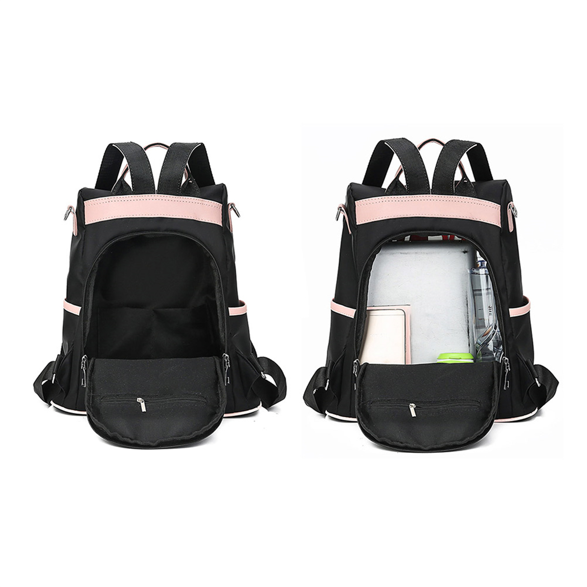 Schwarzer Rucksack mit rosa Besatz, geöffnet, um den Inhalt zu zeigen.