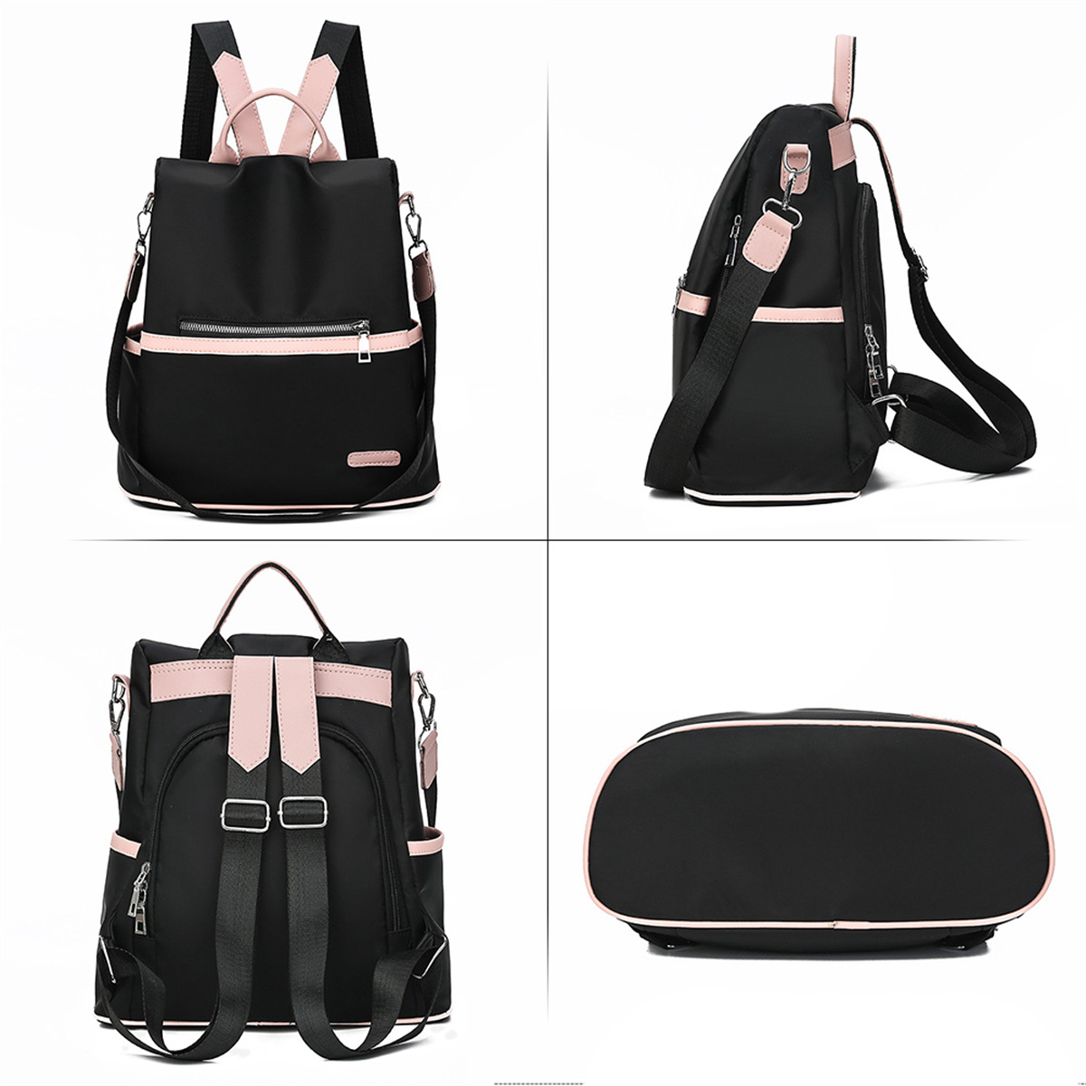 Schwarzer Rucksack mit rosa Akzenten. Mehrere Ansichten der Tasche werden gezeigt.