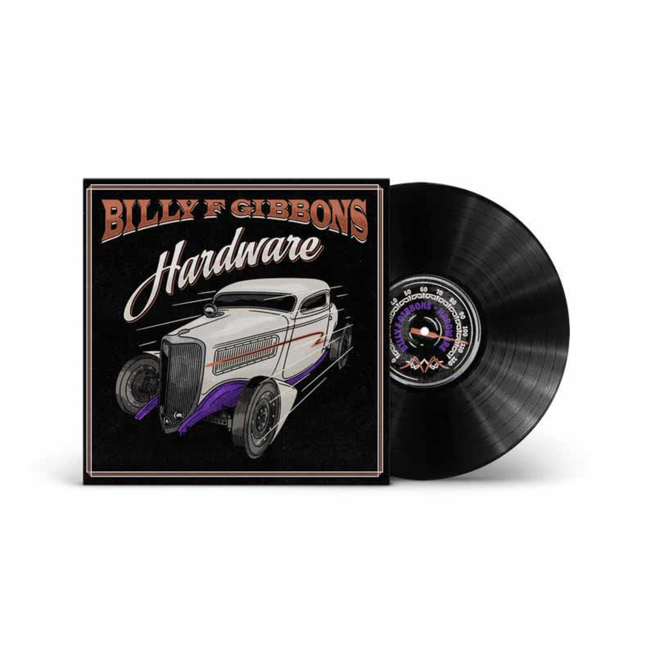 Albumhoes, zwarte achtergrond met autografiek en vinylplaat. Tekst: Billy F Gibbons, Hardware.