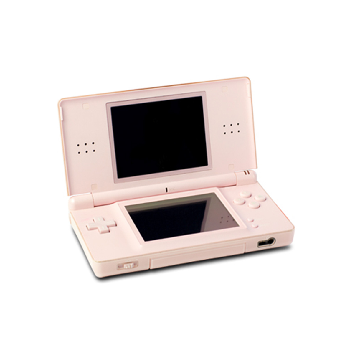 Rosa Nintendo DS Handheld-Konsole, geöffnet, zeigt zwei schwarze Bildschirme. Weißer Hintergrund.